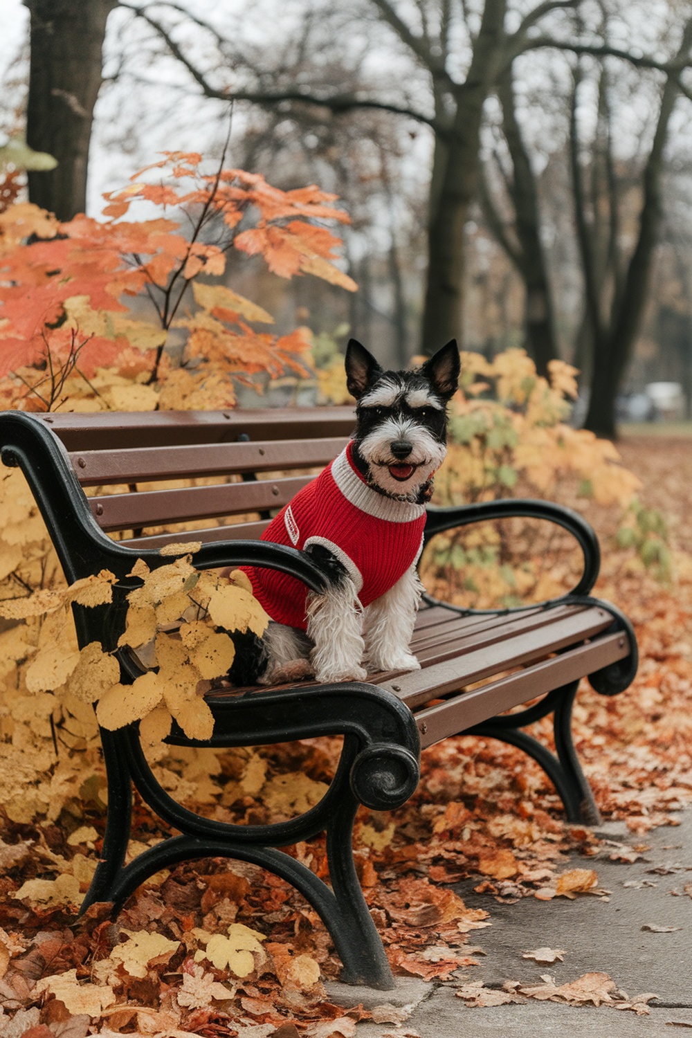 A Norfolk Terrier sitting on a bench surrounded by autumn leaves.