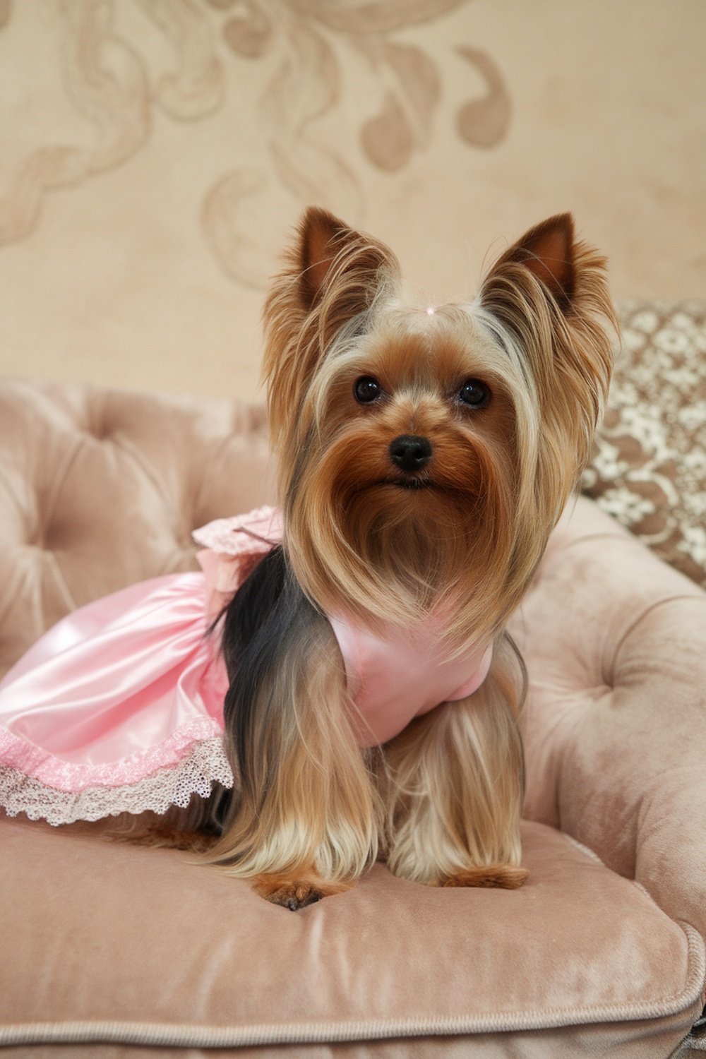 A Yorkshire Terrier in a pink dress sitting on a plush sofa.