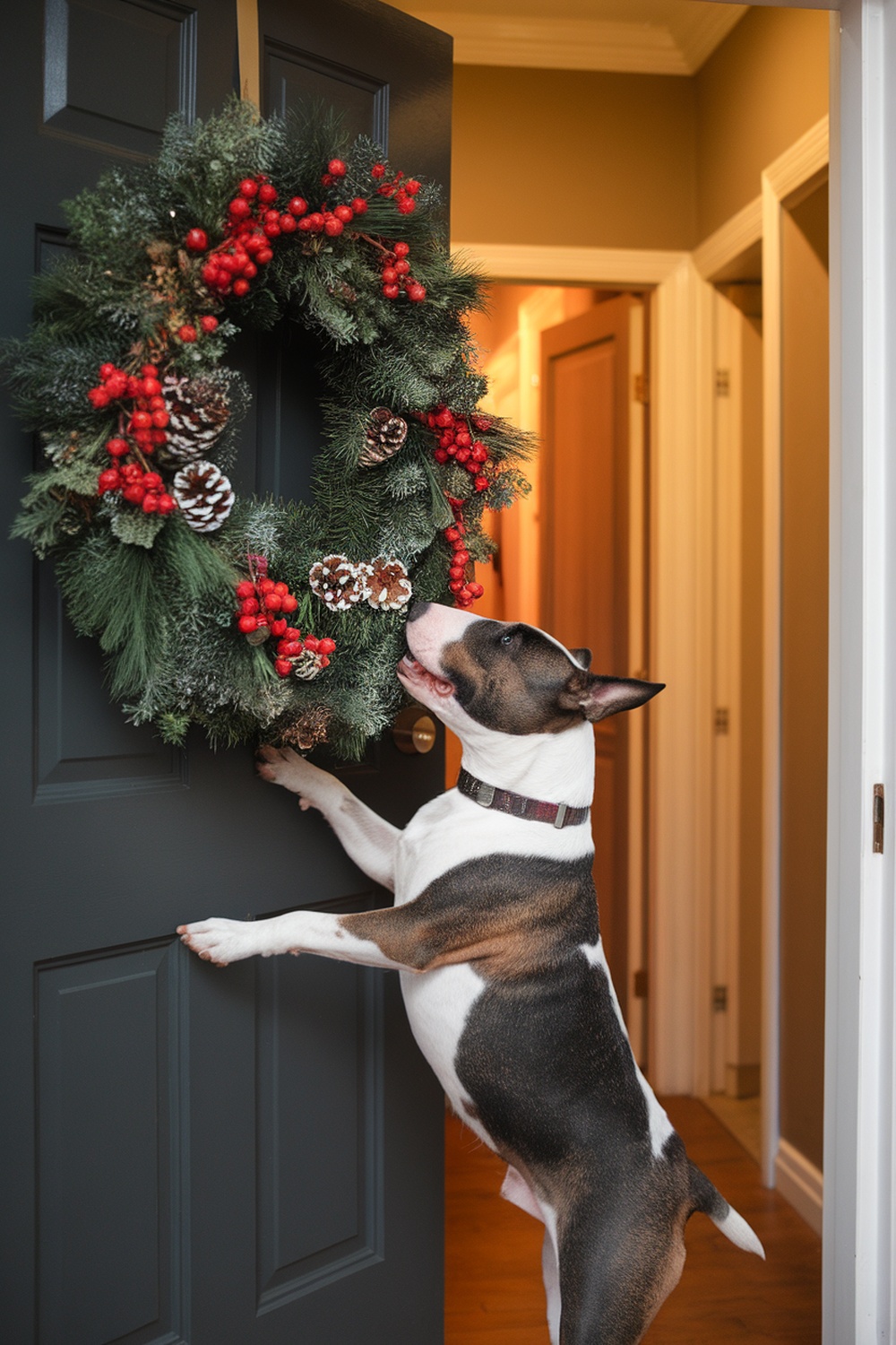 Bull Terrier interacting with a Christmas wreath on a door