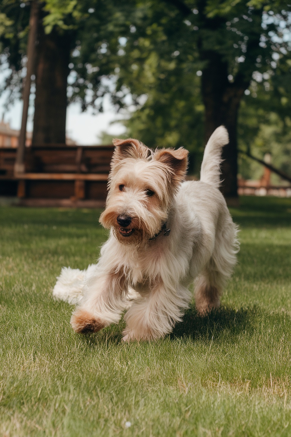 A Soft Coated Wheaten Terrier running on grass