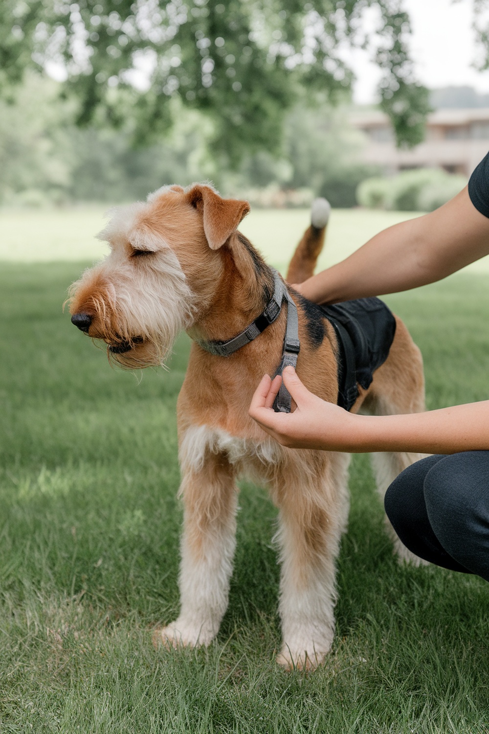 Airedale Terrier being fitted with a harness outdoors.
