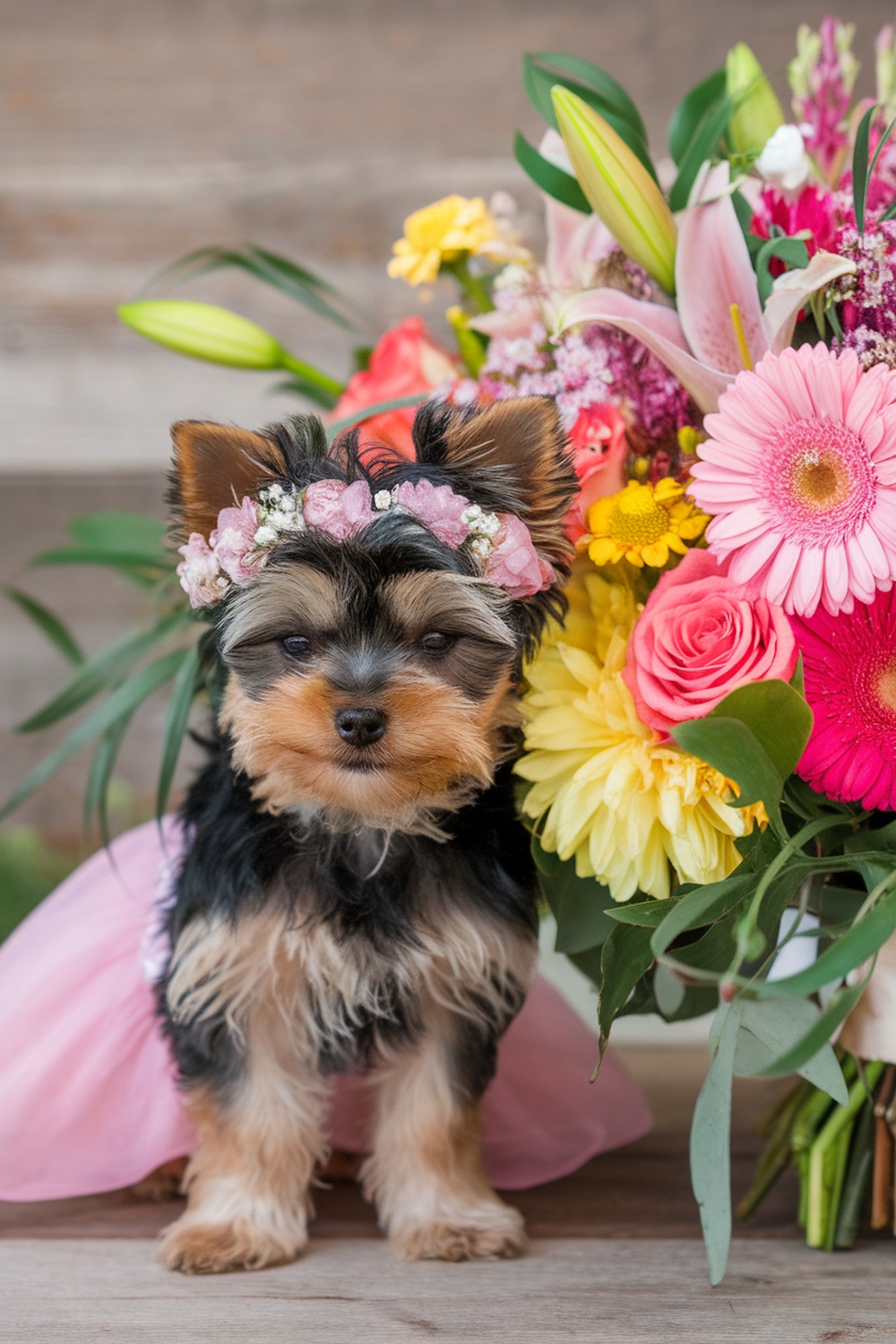 Yorkie puppy girl wearing a flower crown next to a colorful bouquet of flowers.