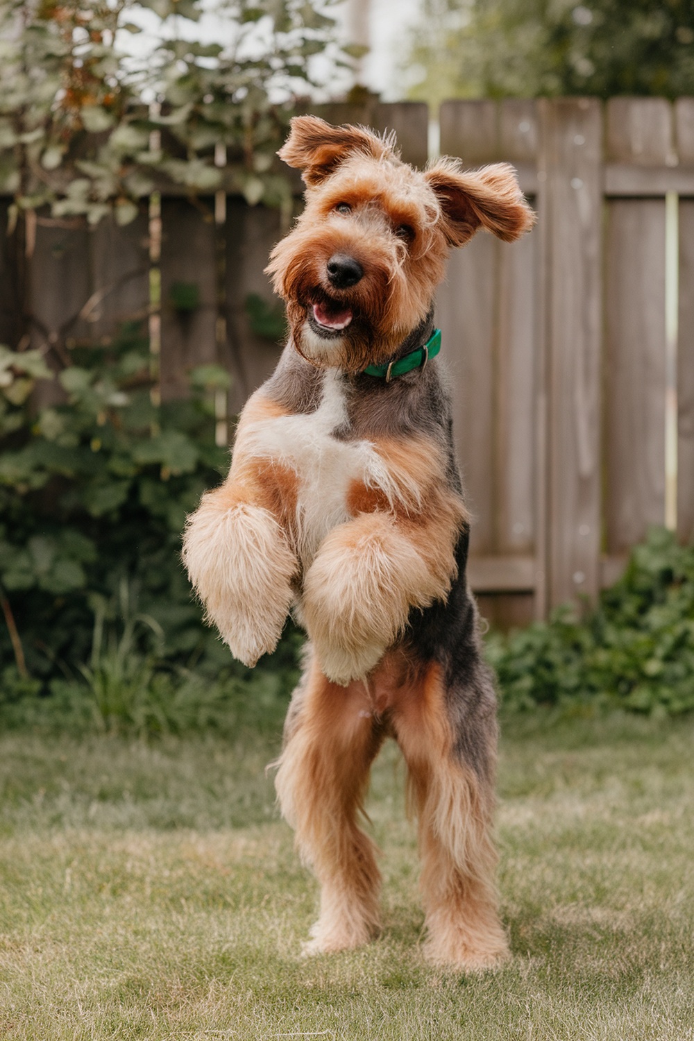 Airedale and Boxer mix dog standing on its hind legs, looking happy