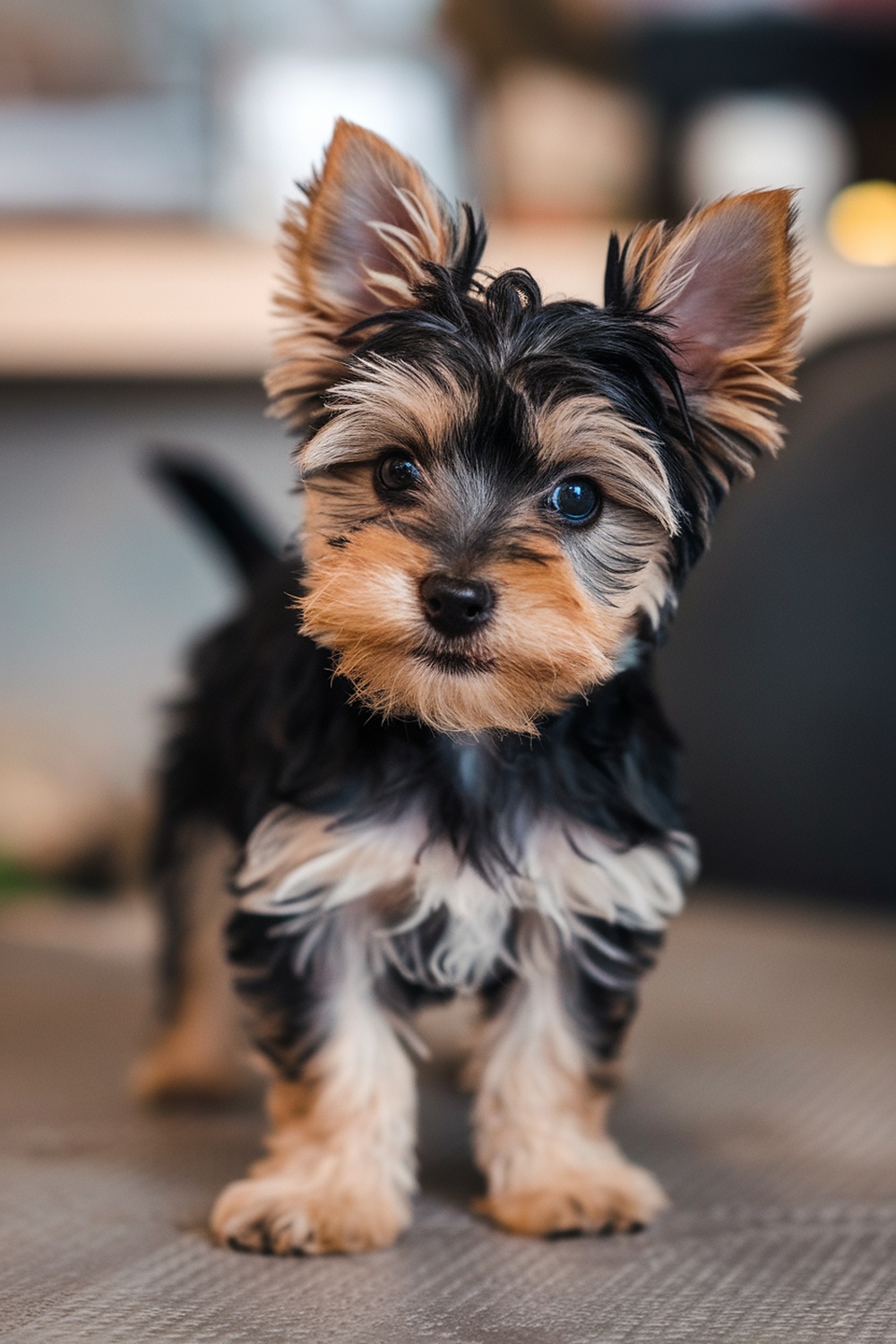 A playful Yorkie puppy with a curious expression.
