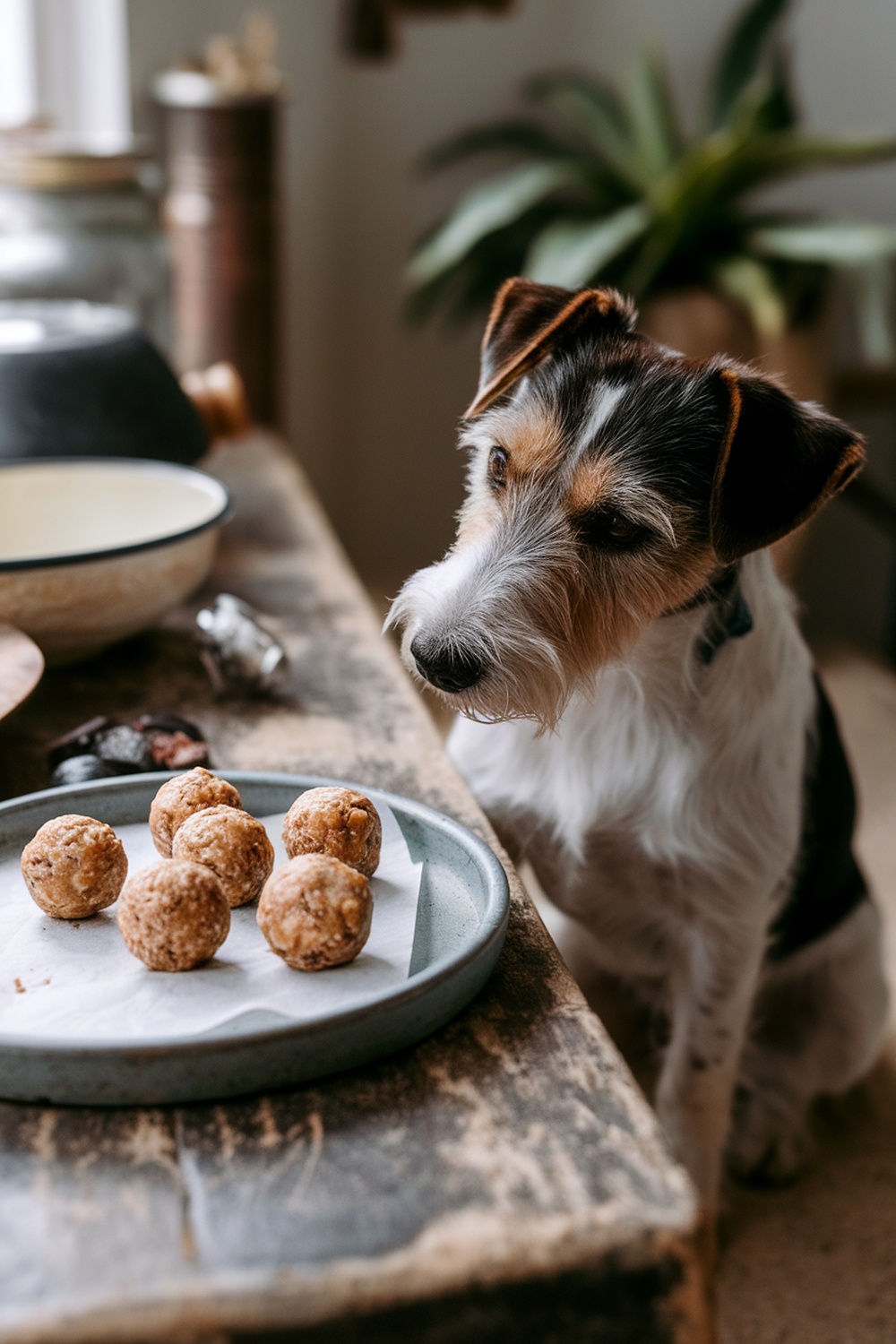 A dog looking at a plate of peanut butter and carob balls on a table.