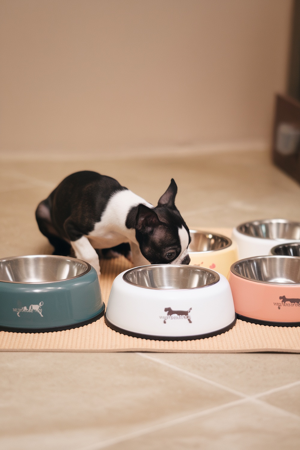 A Boston Terrier puppy sniffing around different food bowls.