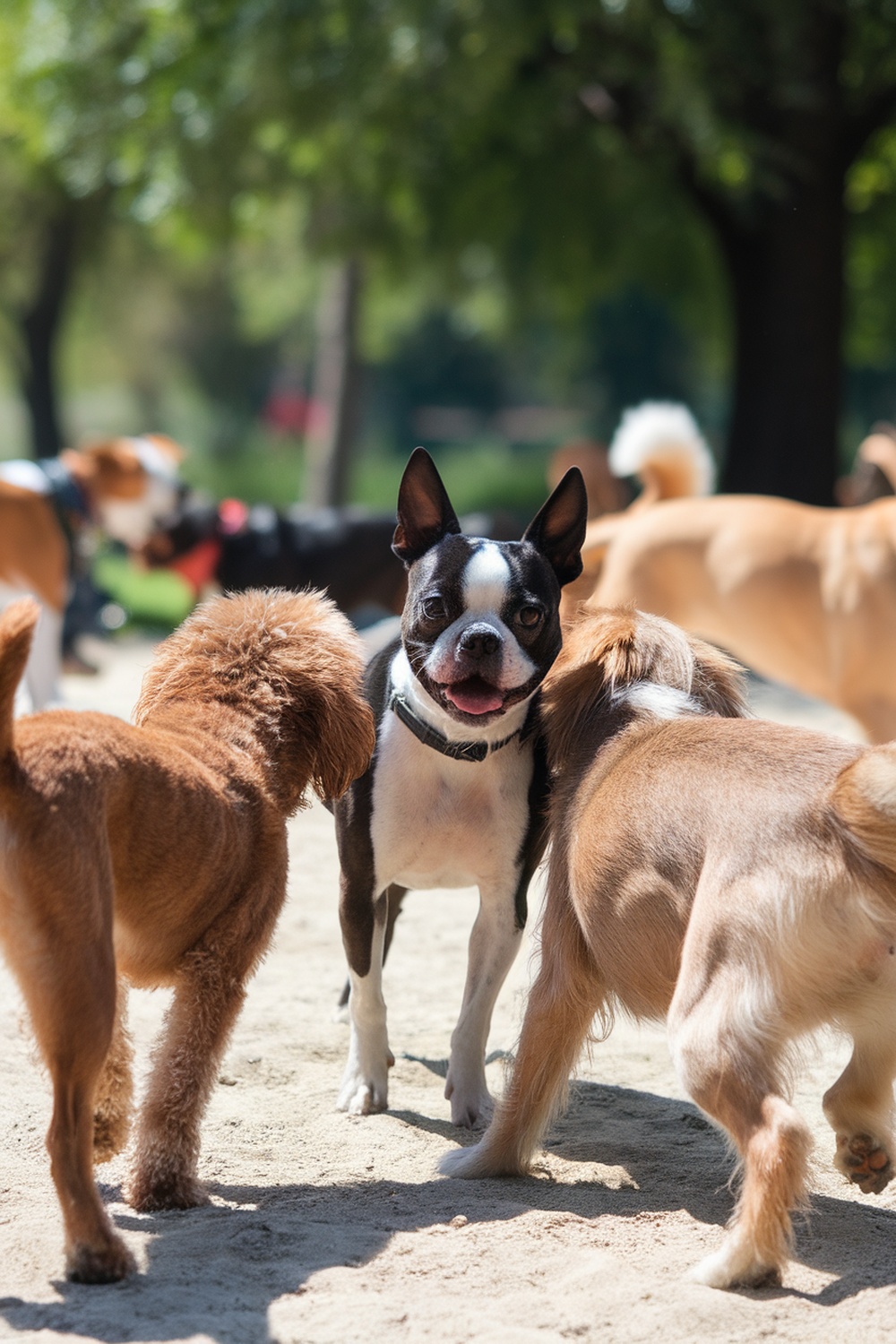 A Boston Terrier surrounded by other dogs in a park, showcasing its friendly demeanor.