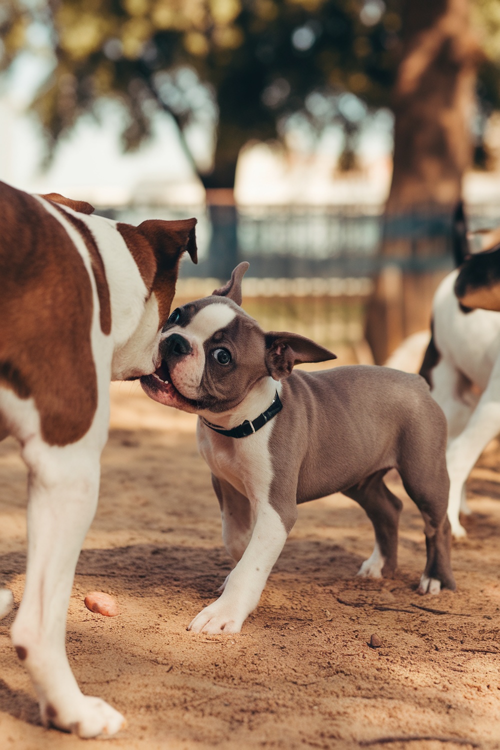 A playful Boston Terrier puppy interacting with another dog in a park setting.