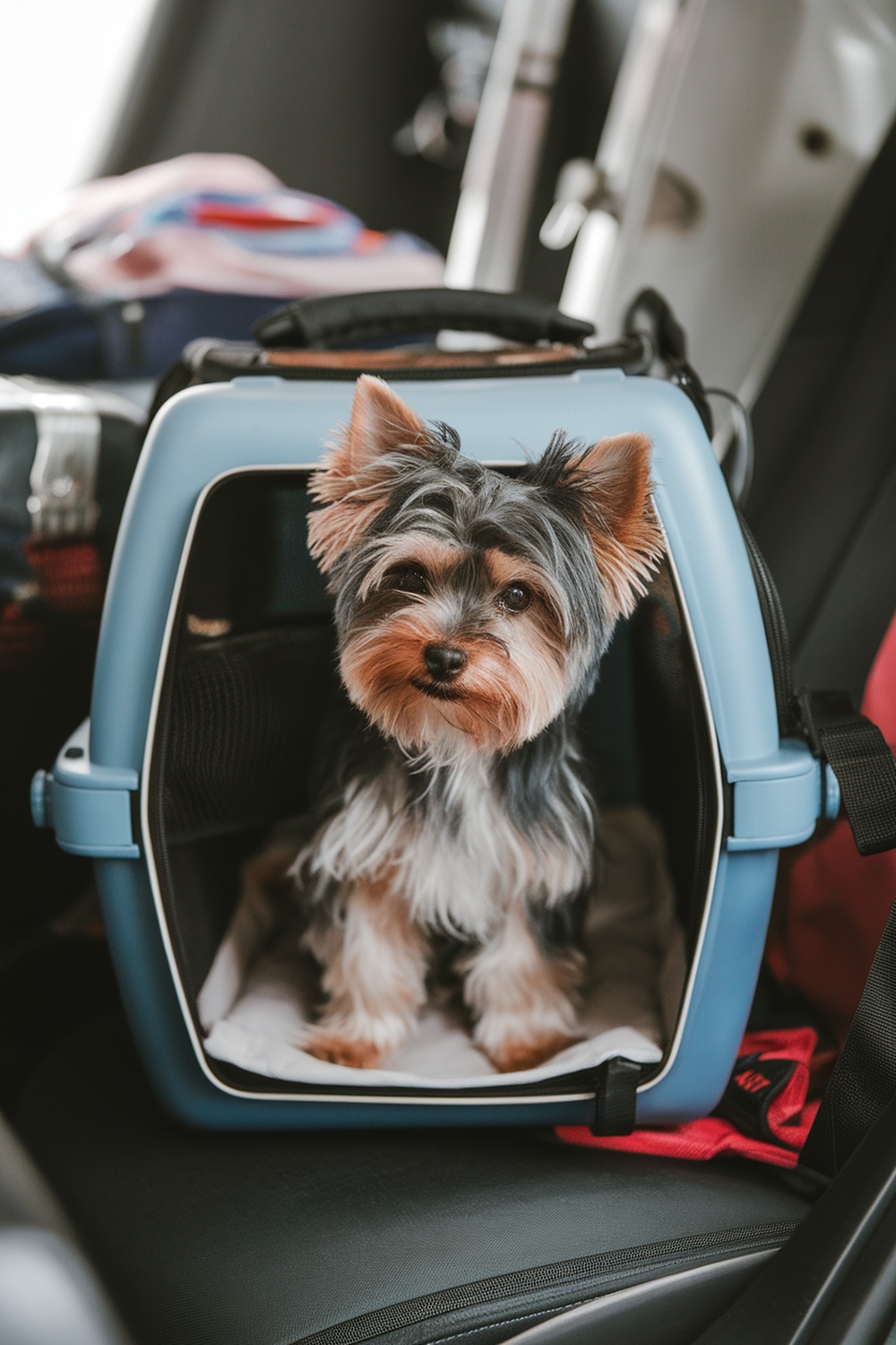A Yorkie Poo sitting in a blue pet carrier inside a car.
