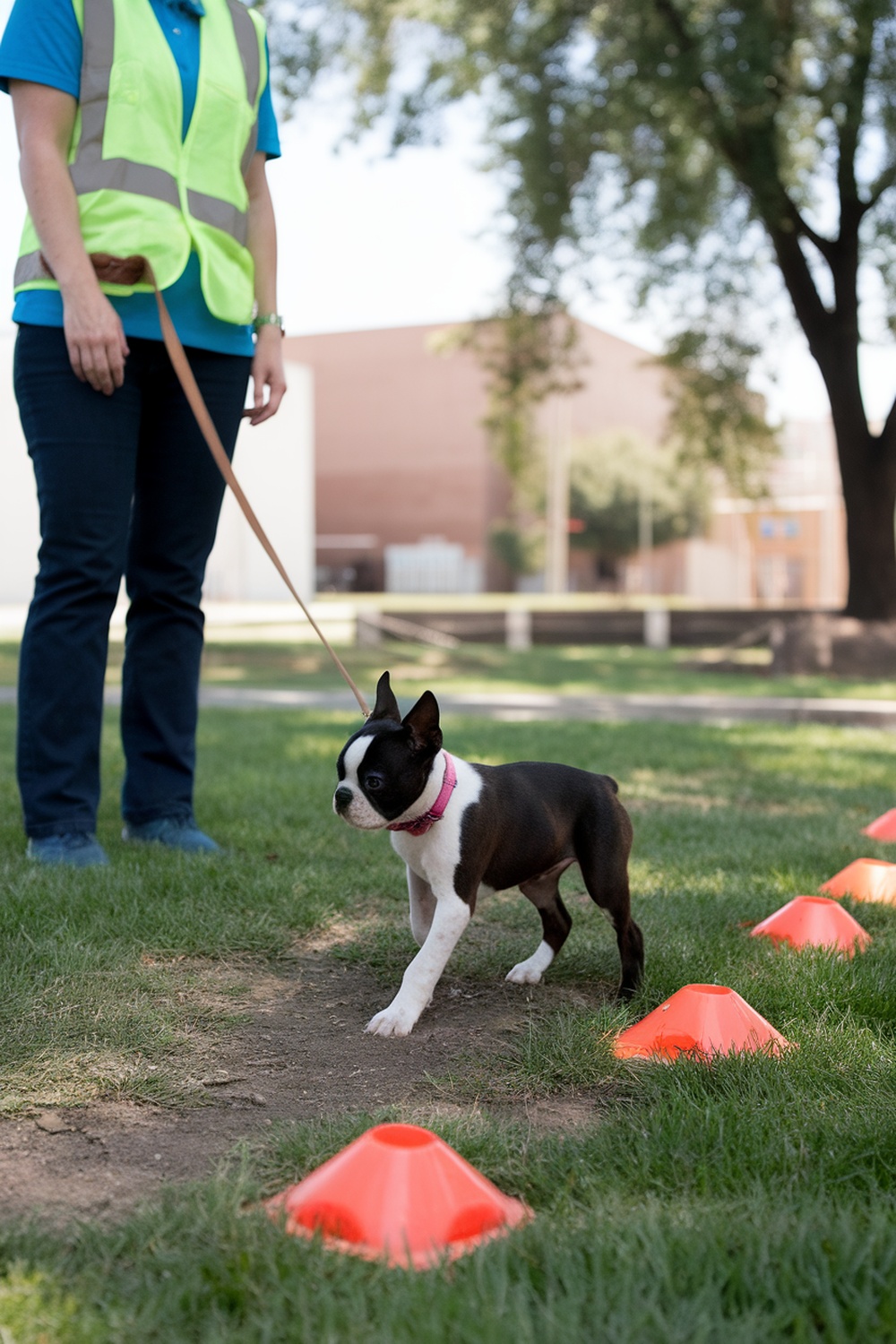 A Boston Terrier puppy walking on a leash with a person in a bright vest, navigating through orange cones in a park.