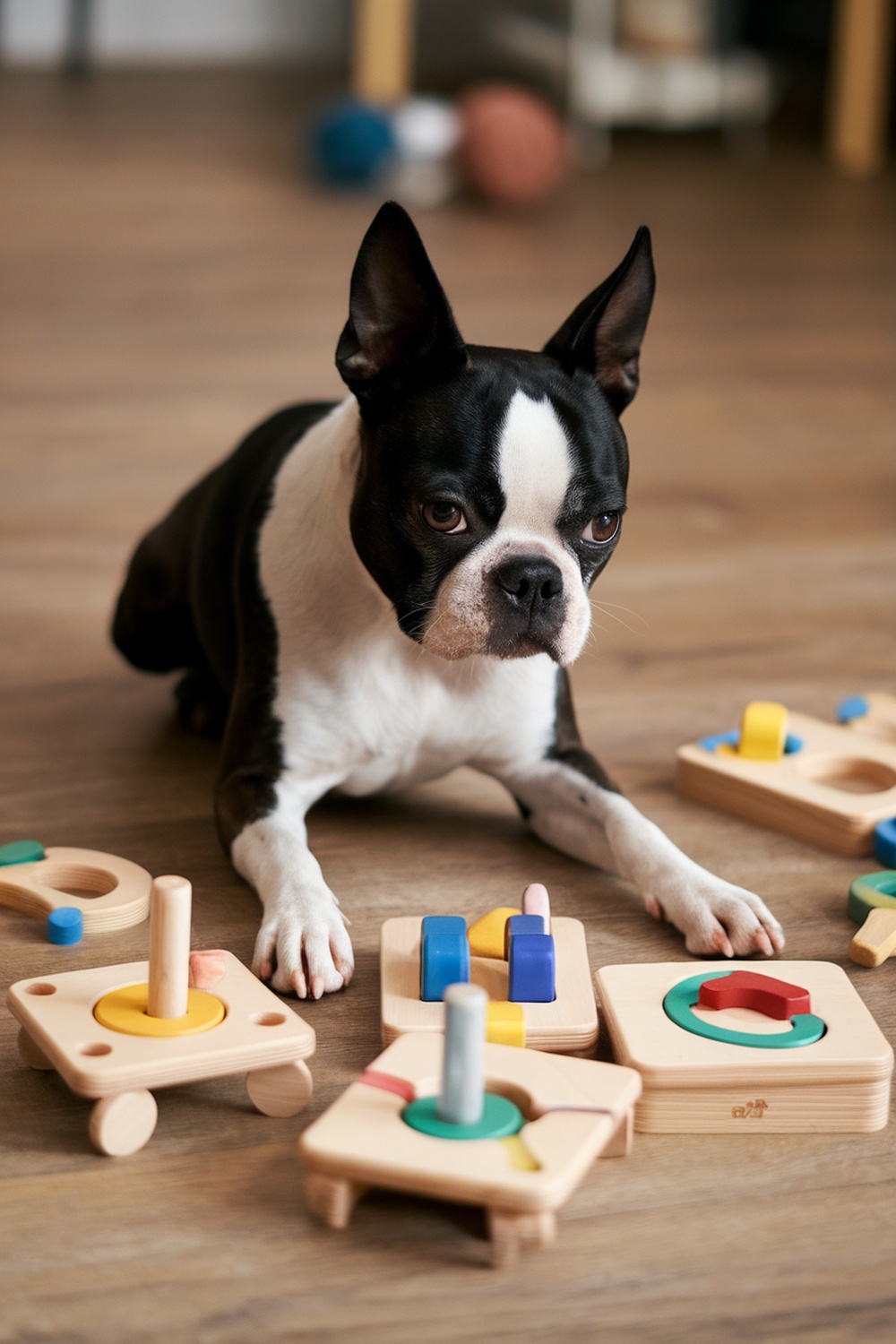 A Boston Terrier playing with colorful wooden puzzles on a wooden floor.