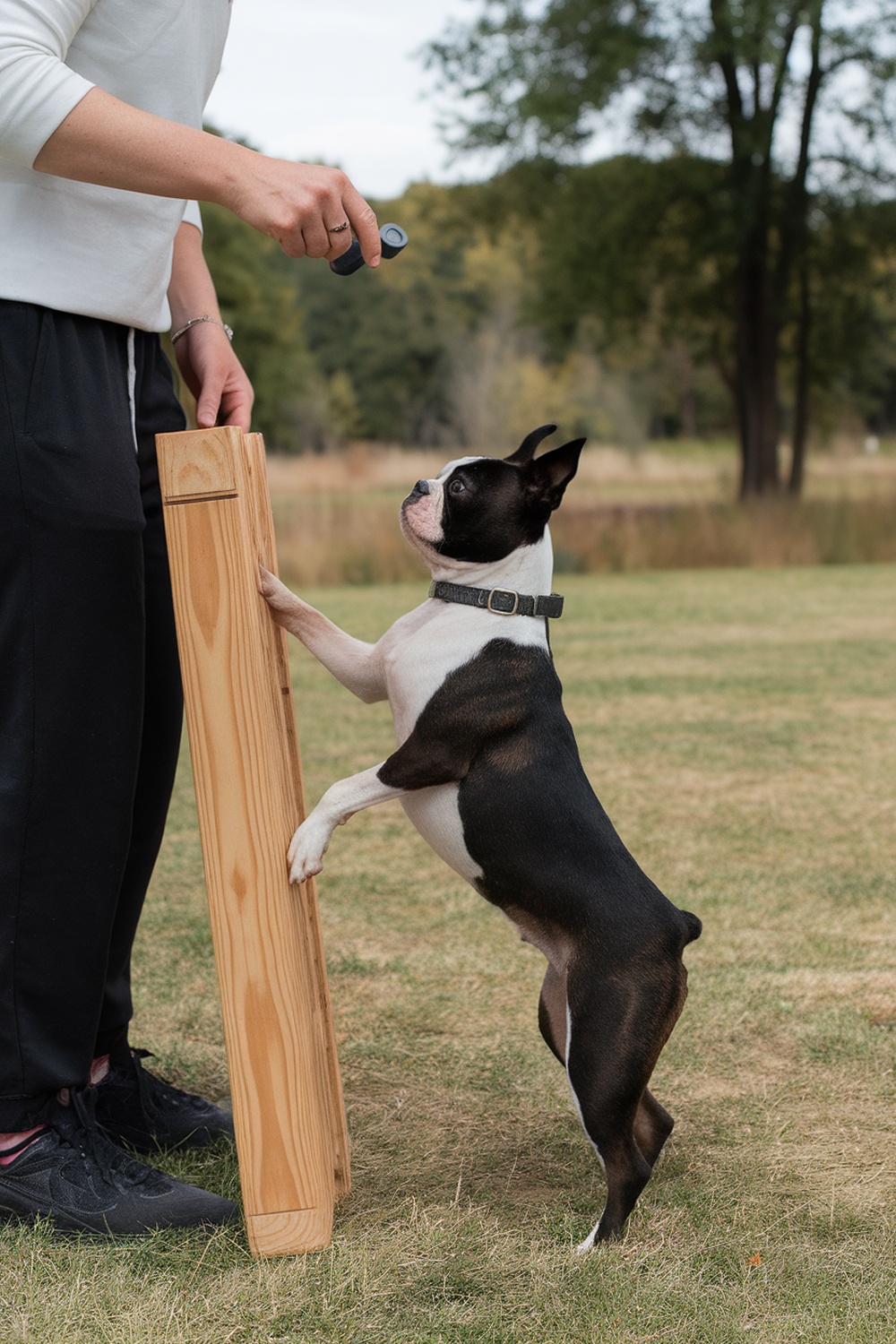 A Boston Terrier standing on its hind legs, looking up at a person holding a training clicker.