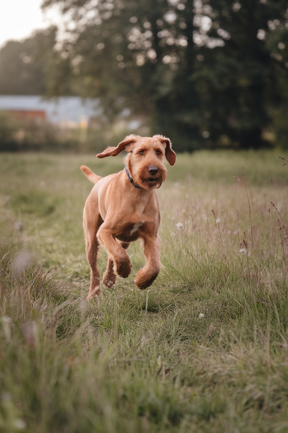 Airedale and English Setter mix running in a grassy field.