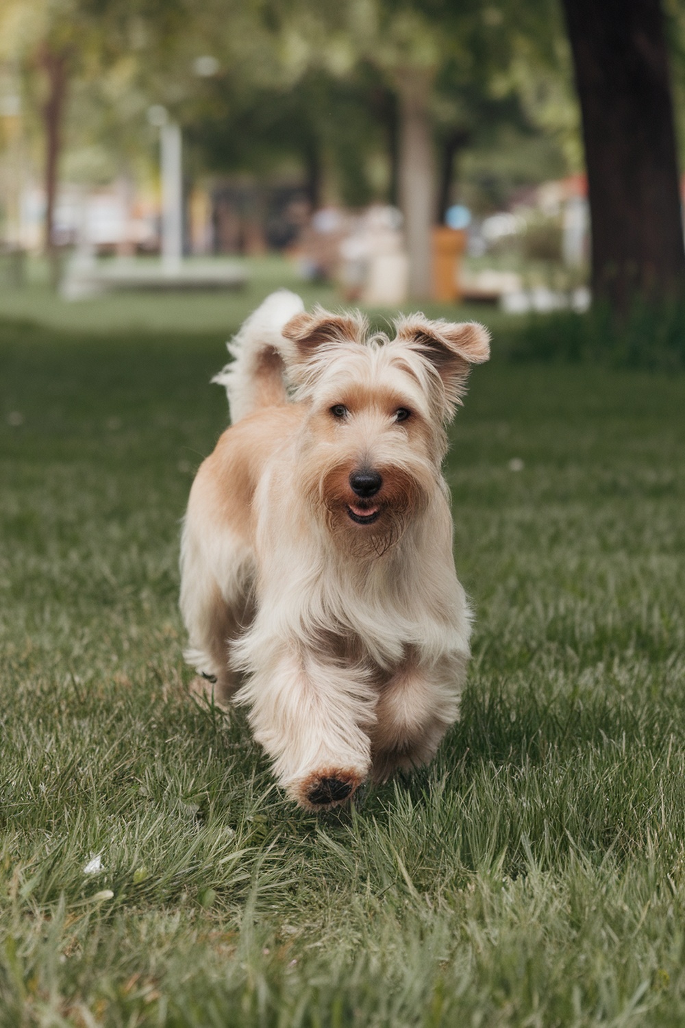 A Soft-Coated Wheaten Terrier running in a grassy park.