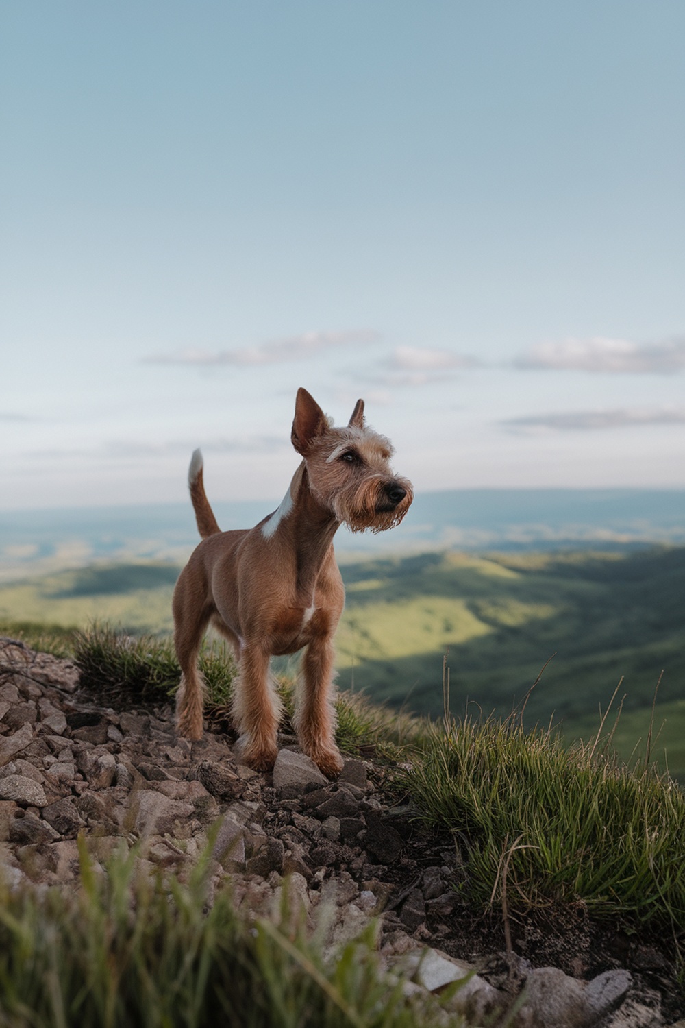 An Irish Terrier standing on a rocky terrain, looking alert and attentive to its surroundings.