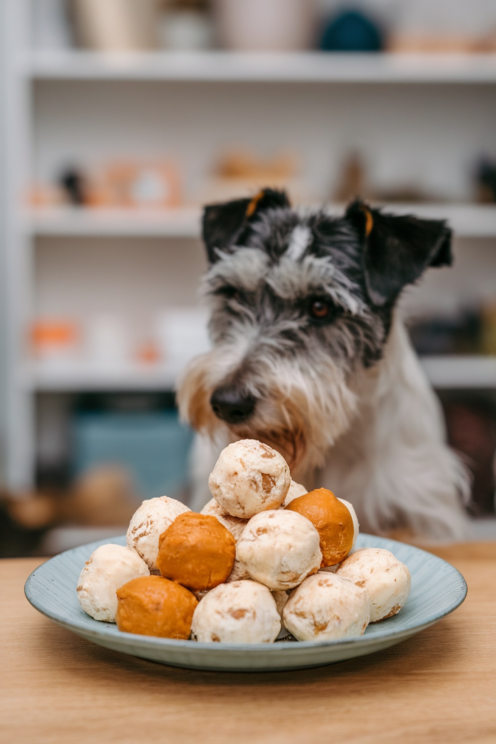 A dog looking at a plate of pumpkin and peanut butter balls.
