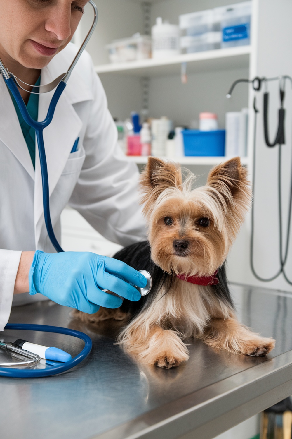 A veterinarian examining a Biewer Yorkie with a stethoscope.