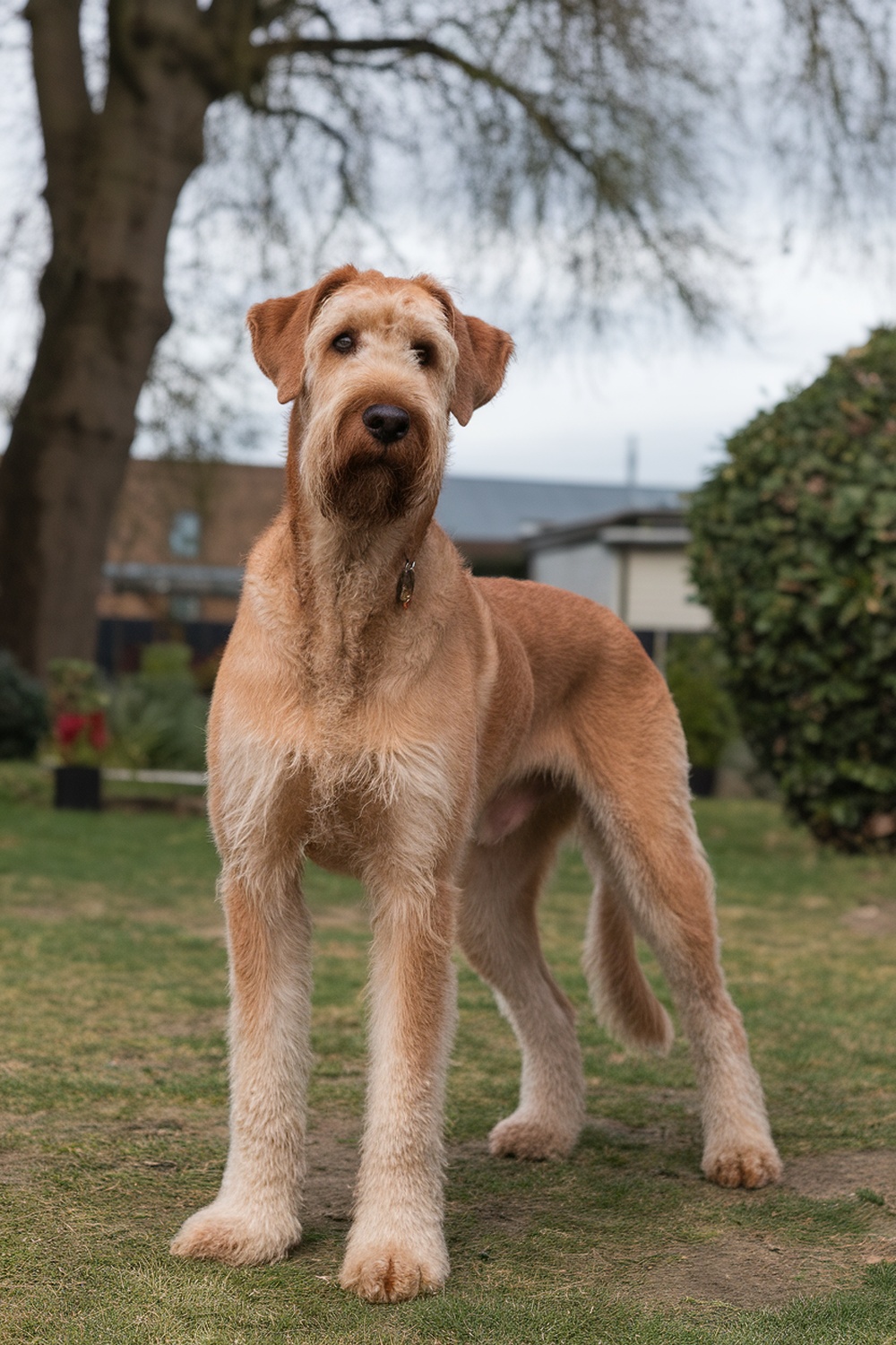 Airedale and Great Dane mix standing in a garden.