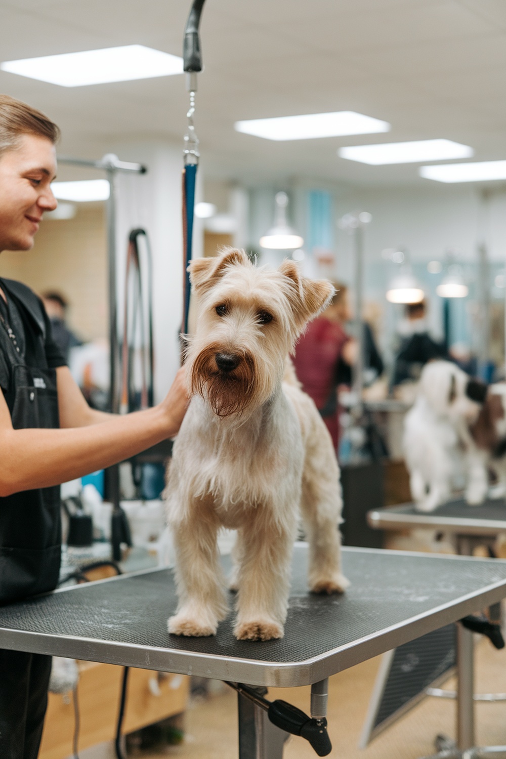 A Wheaten Terrier being groomed by a professional in a pet grooming salon.