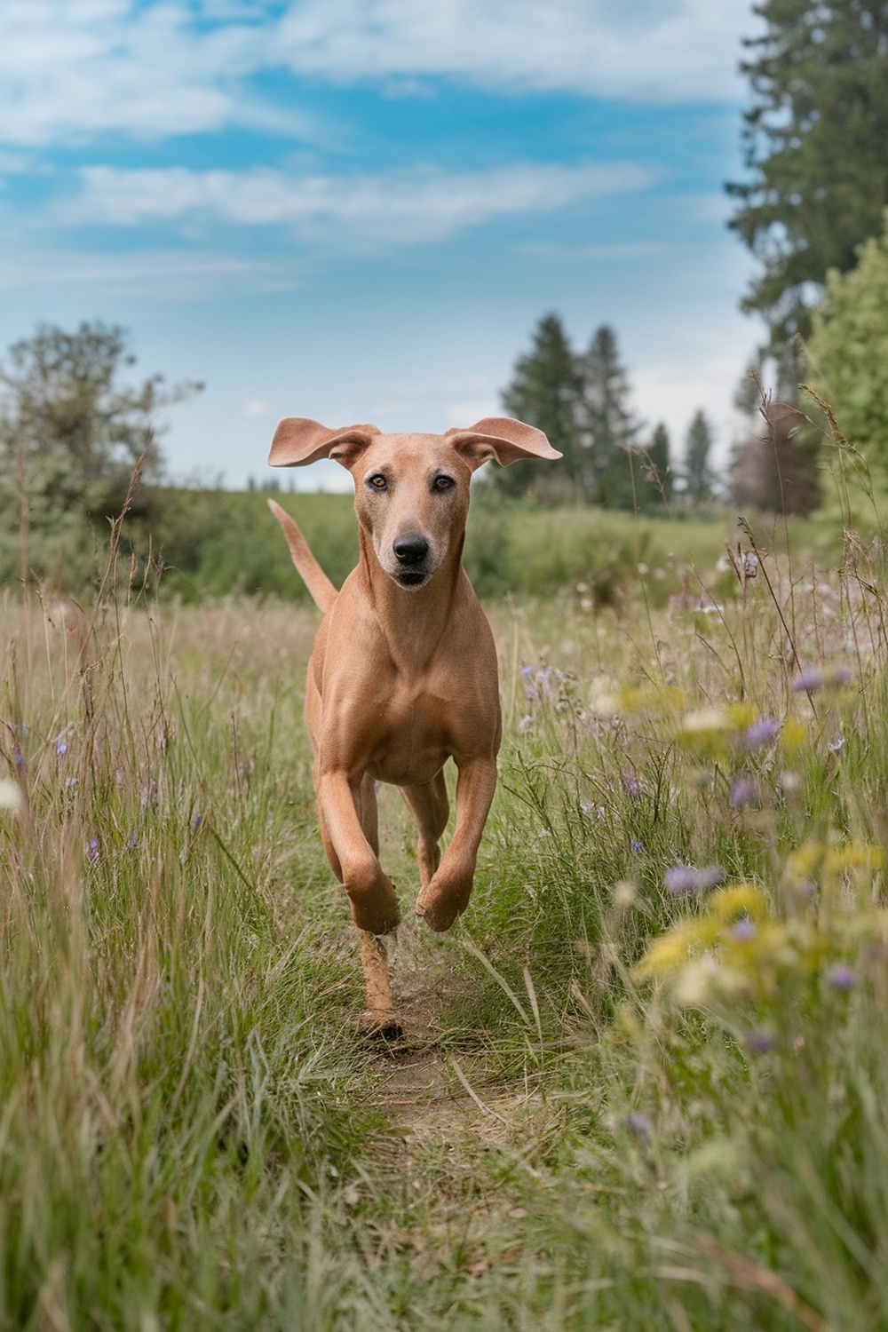 Airedale and Weimaraner mix dog running in a field