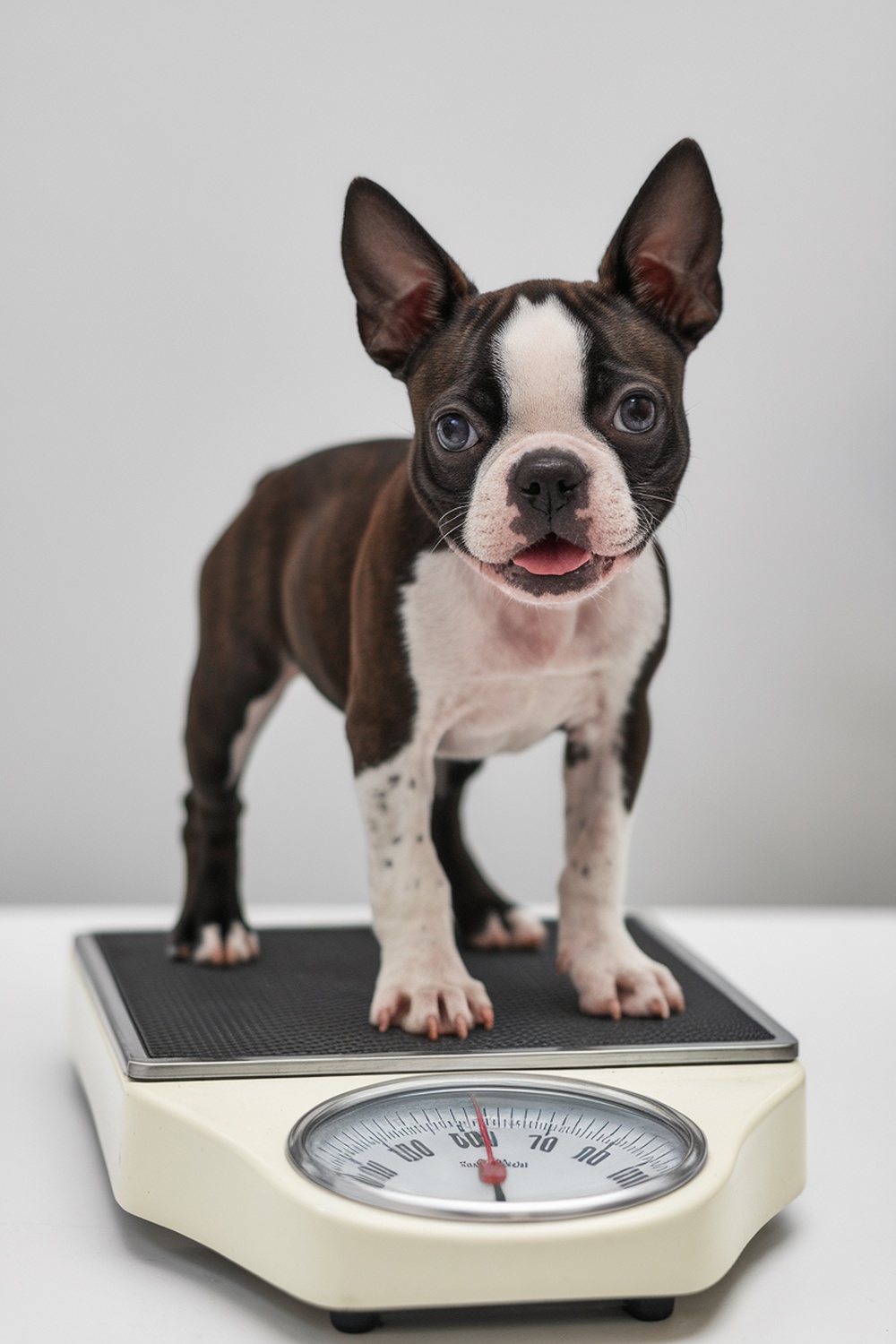 A Boston Terrier puppy standing on a scale, looking healthy and alert.