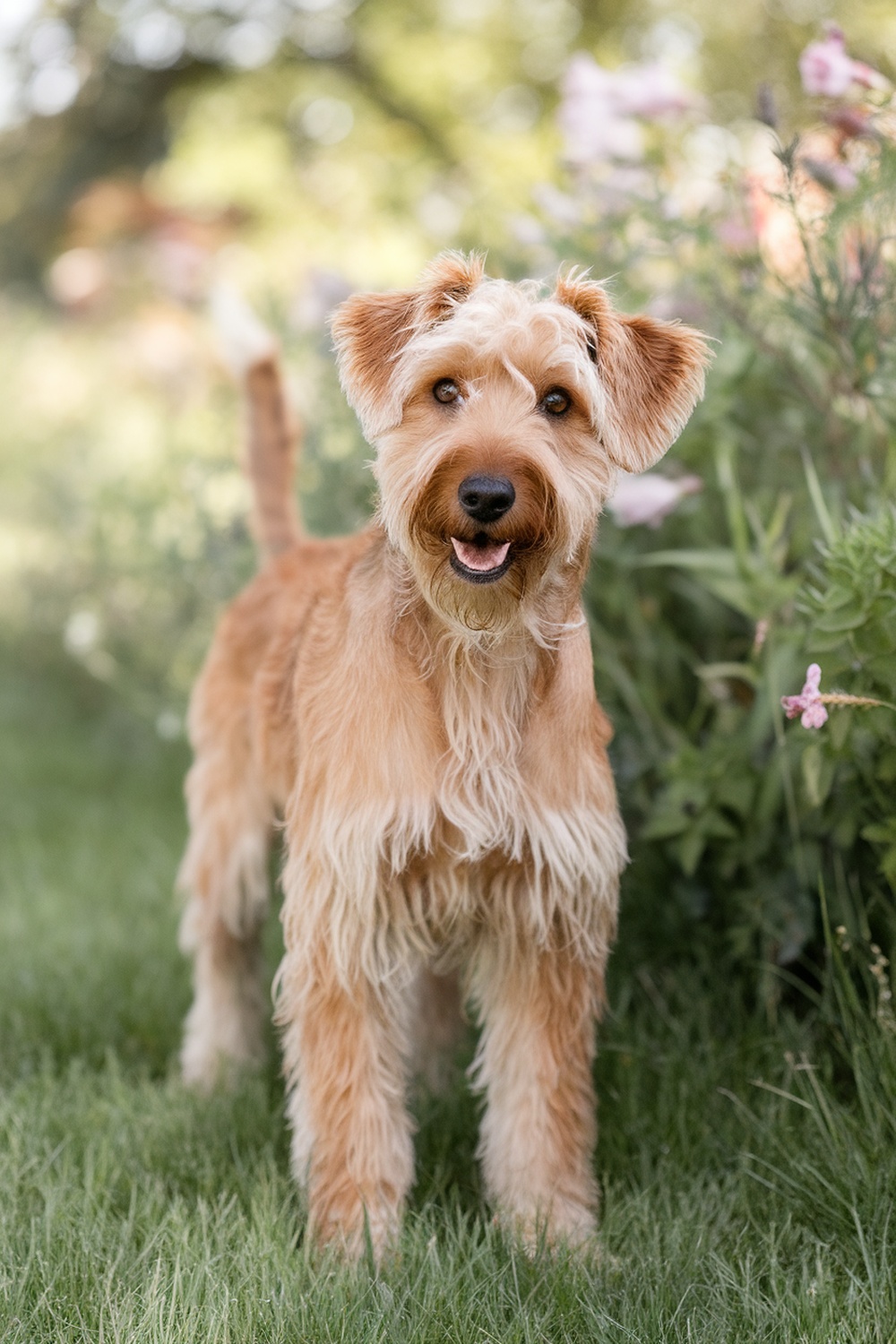 Airedale and Havanese mix standing in a garden.