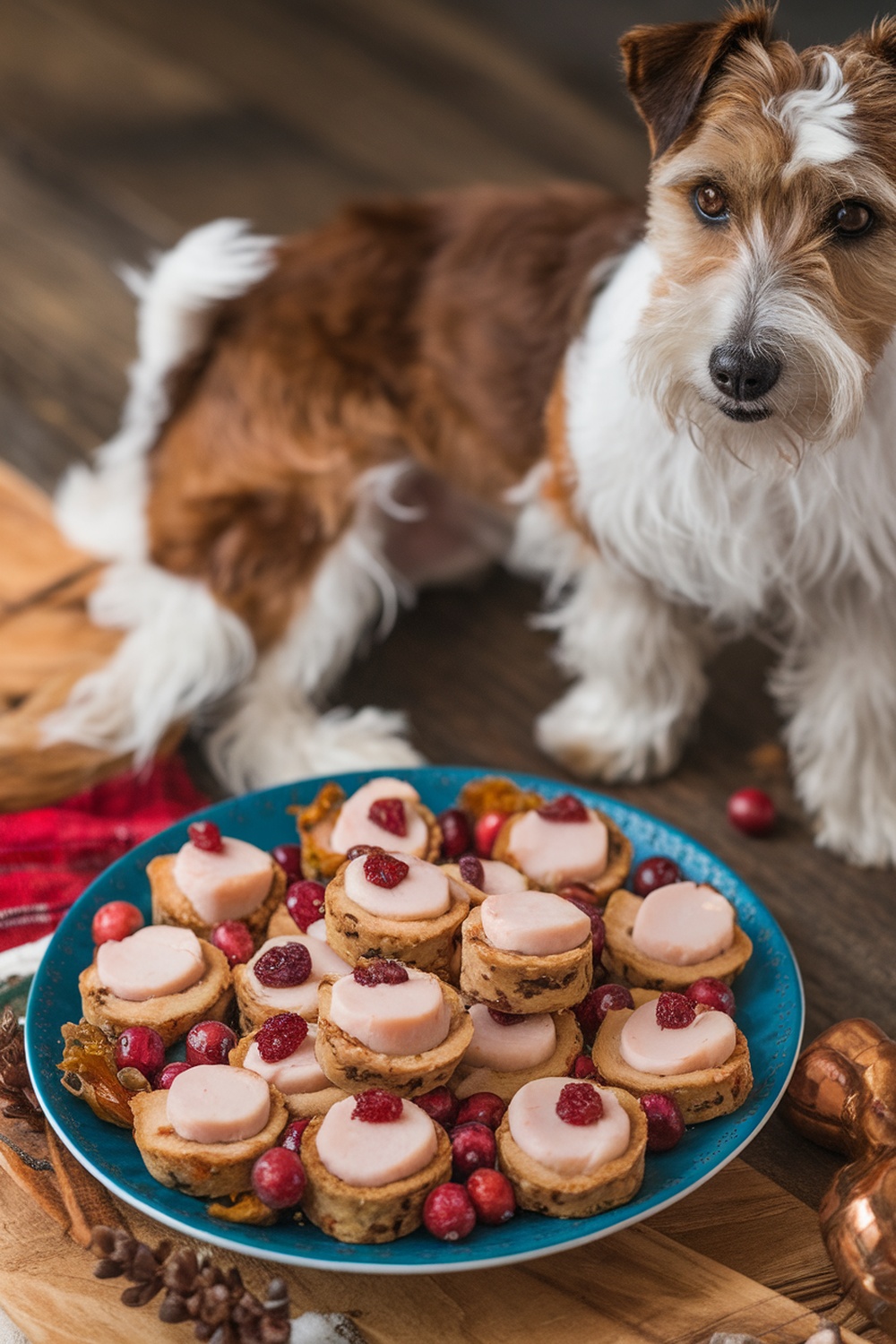A plate of Turkey and Cranberry Bites for dogs, surrounded by fresh cranberries.