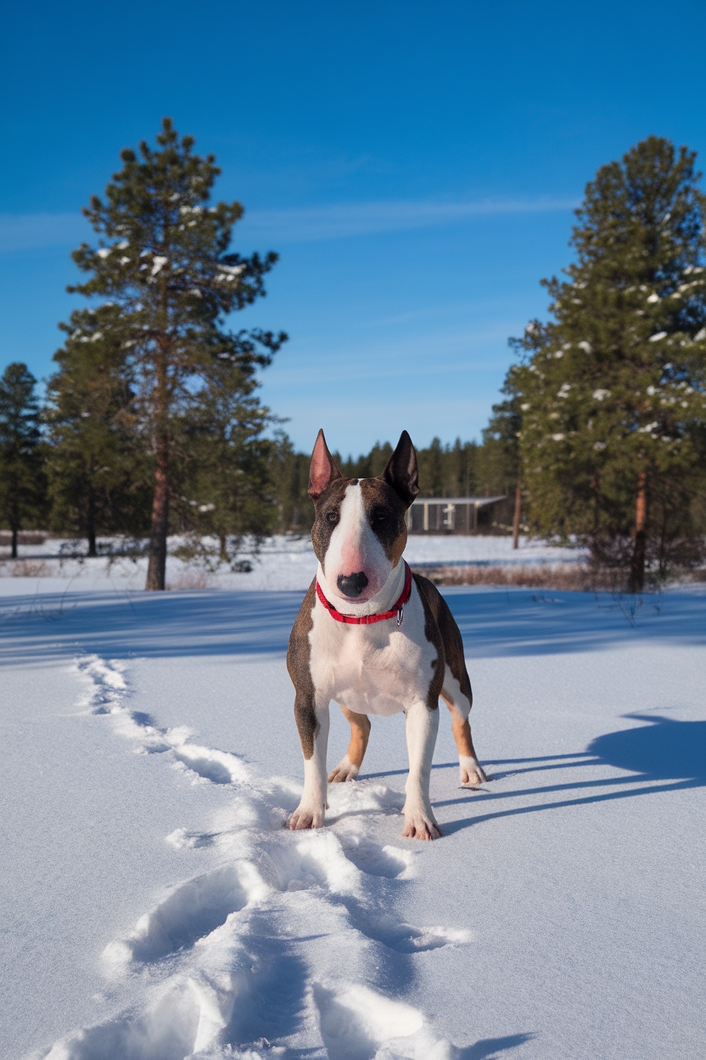 A Bull Terrier standing in a snowy landscape with trees in the background.