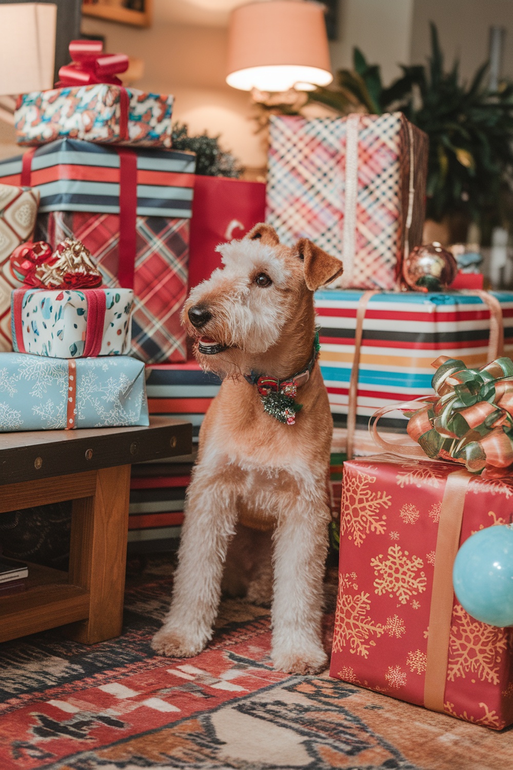 Airedale Terrier sitting among colorful Christmas gifts.