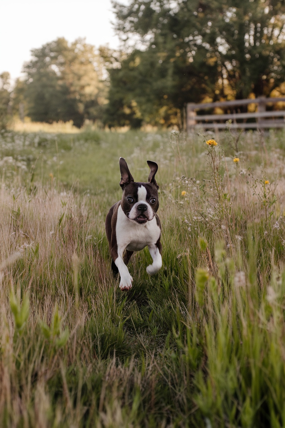 A Boston Terrier running joyfully through a grassy field.