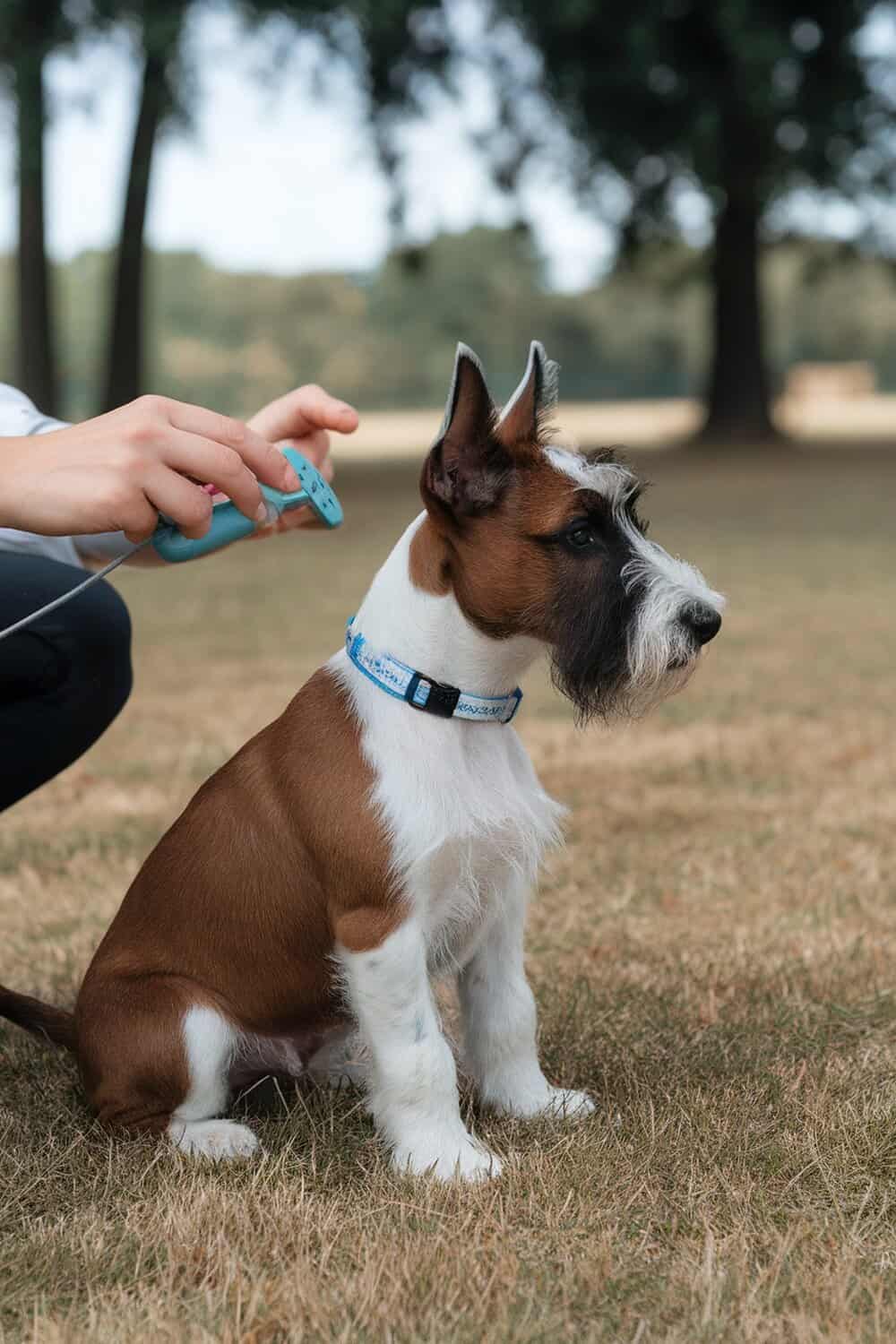 A person training a Scottish Terrier puppy in a park.