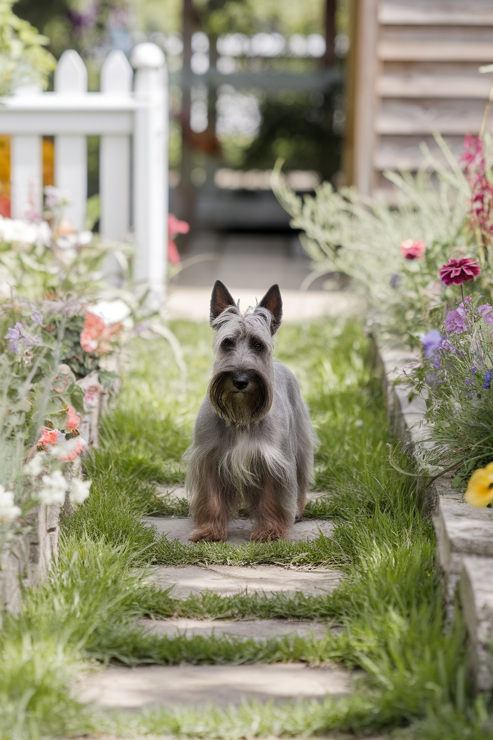 A Scottish Terrier standing on a stone path surrounded by flowers and greenery.