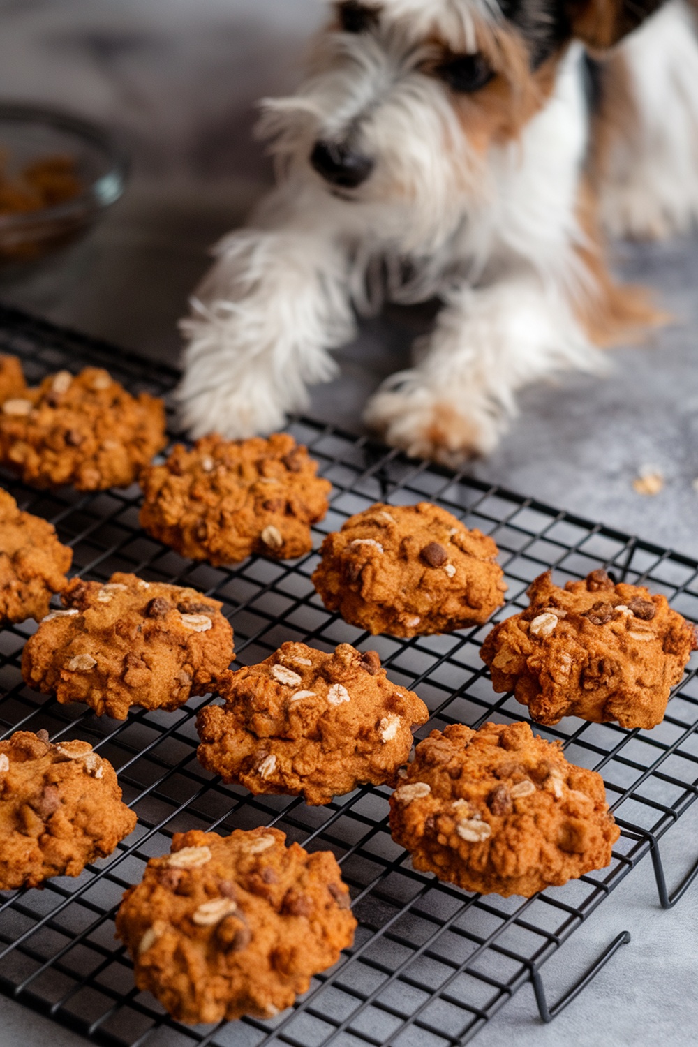 A close-up of pumpkin and oatmeal cookies cooling on a wire rack with a terrier reaching for them.