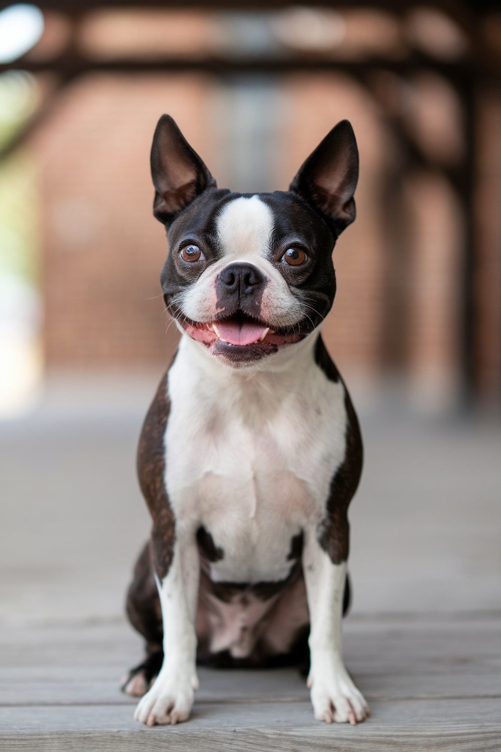 A cheerful Boston Terrier sitting and smiling.