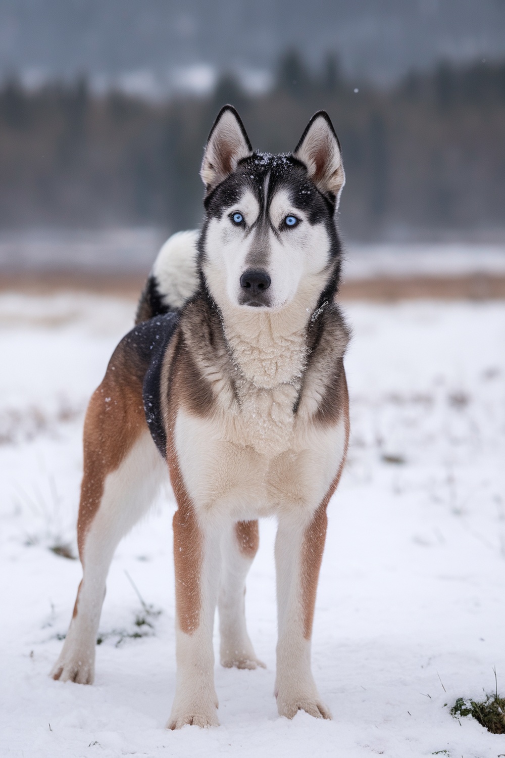 Airedale and Siberian Husky mix standing in snow.