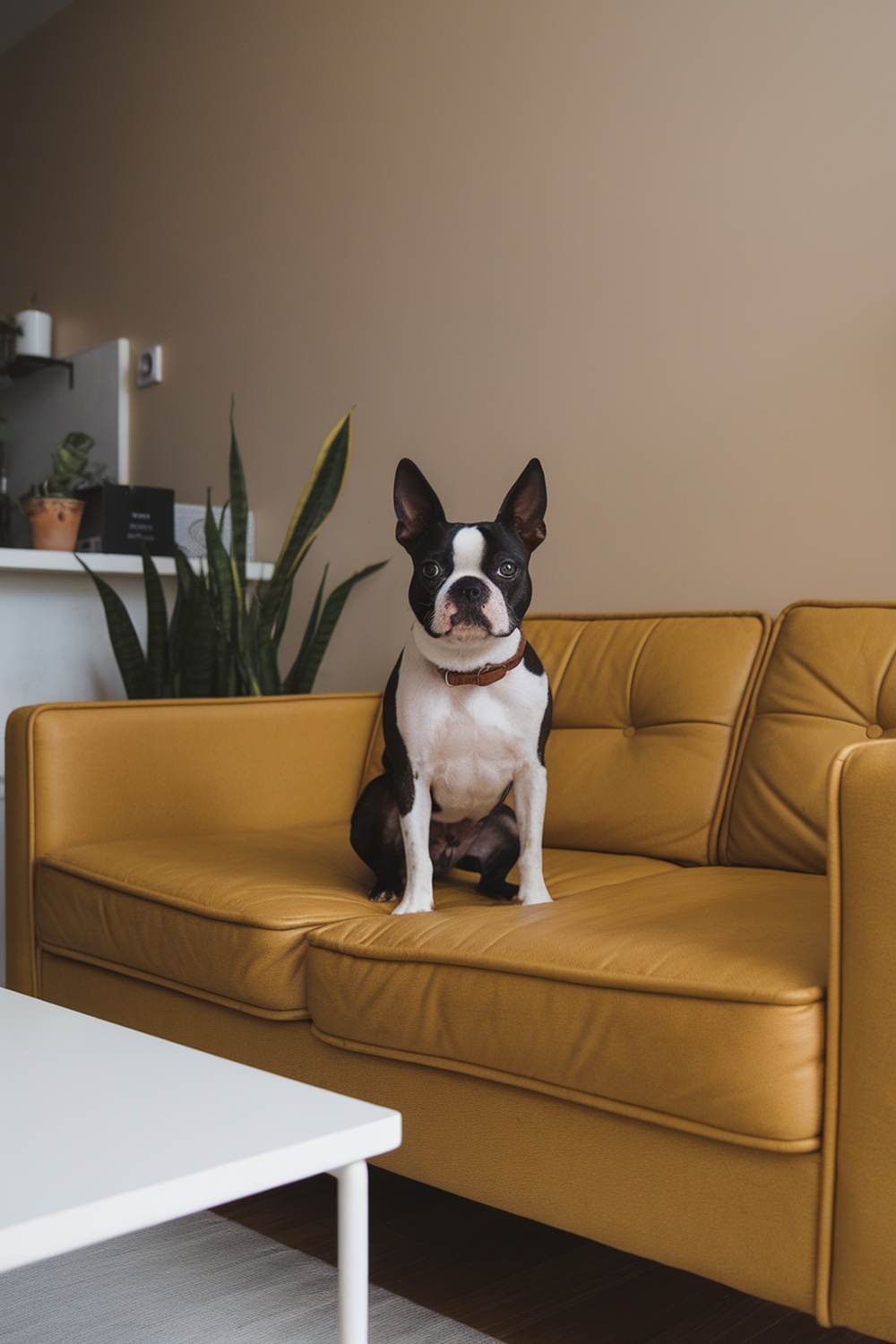 A Boston Terrier sitting on a yellow couch in a cozy living room.