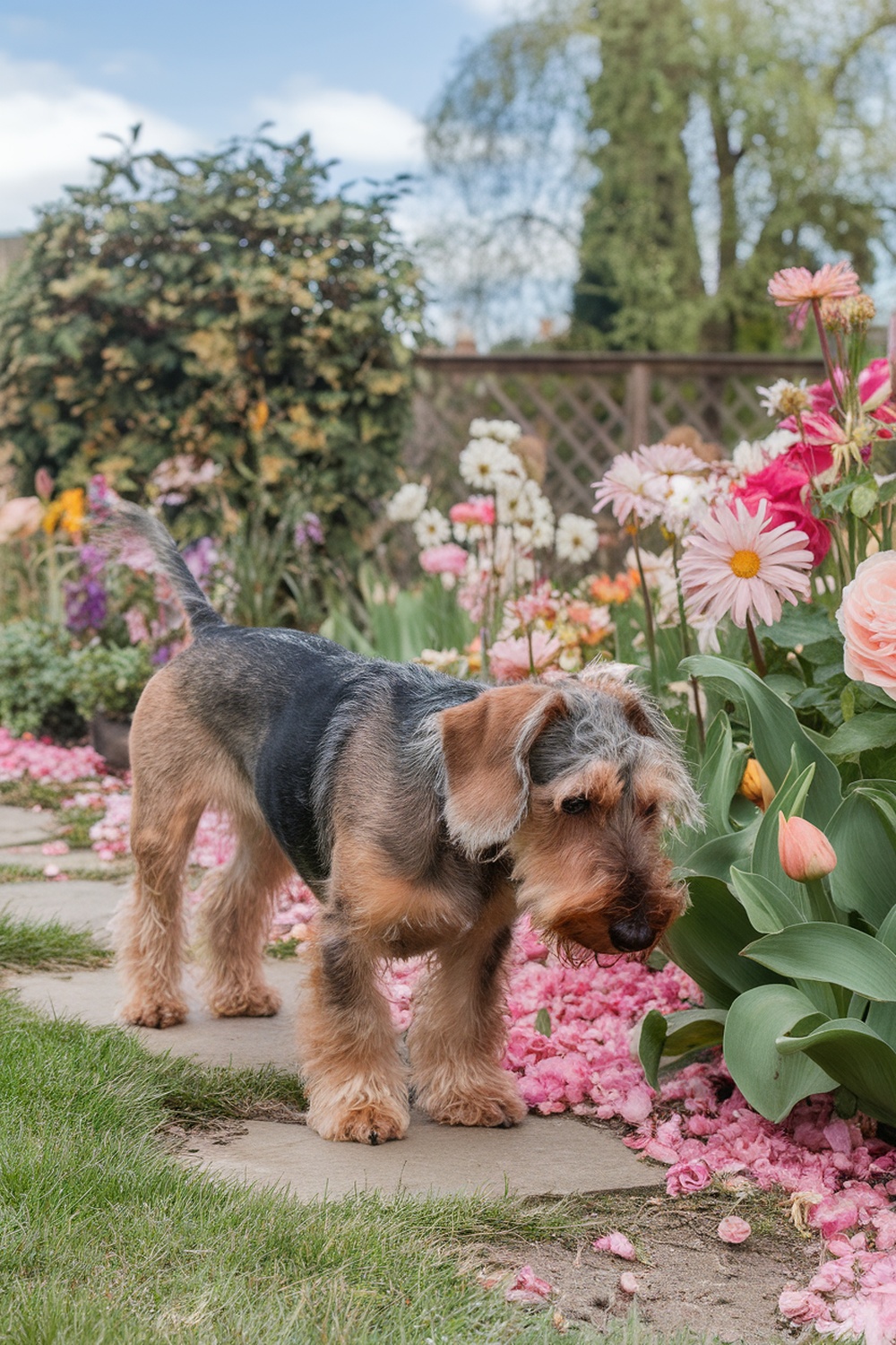 Airedale and Dachshund mix standing among flowers in a garden.