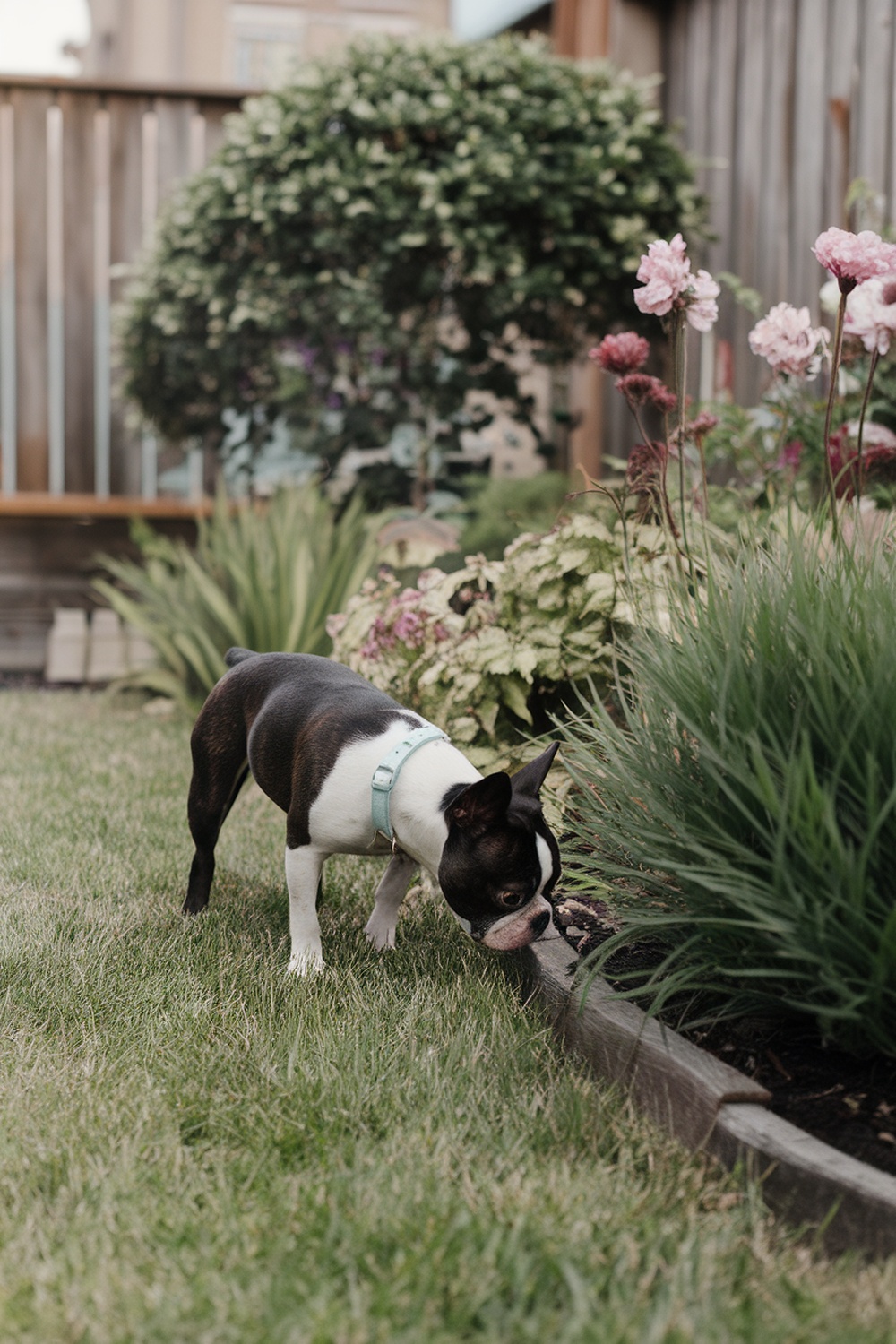 A Boston Terrier sniffing around in a garden with flowers.