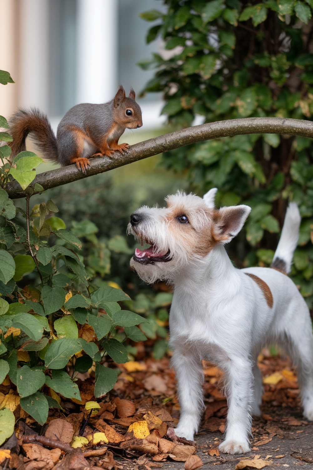 A Wire Fox Terrier barking at a squirrel on a branch.