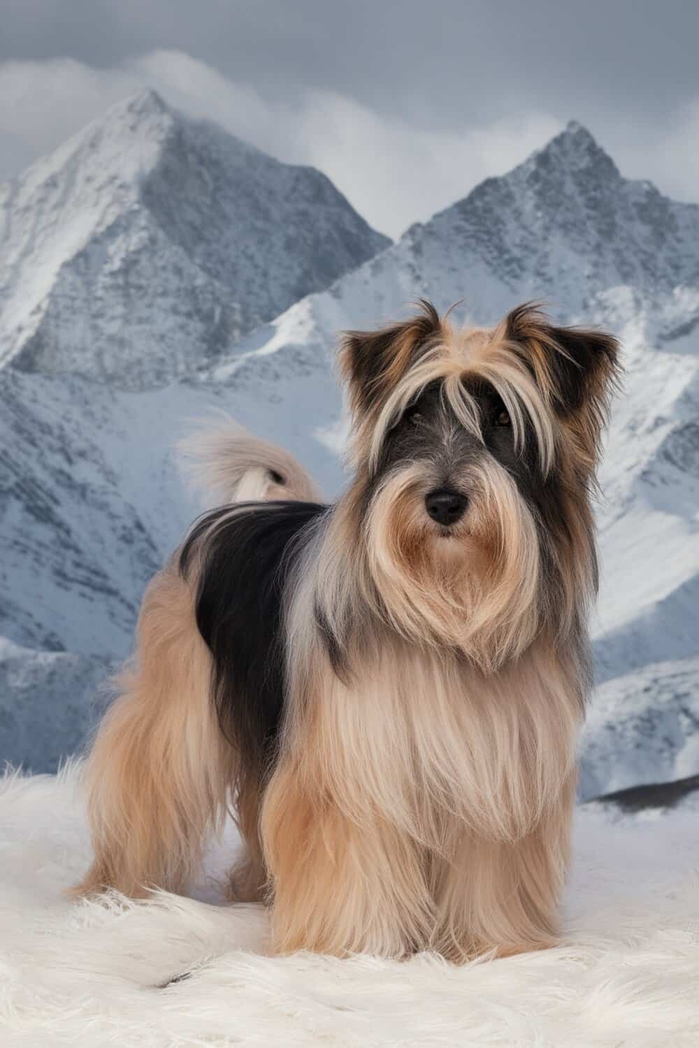 A Tibetan Terrier with long fur standing in front of snowy mountains.