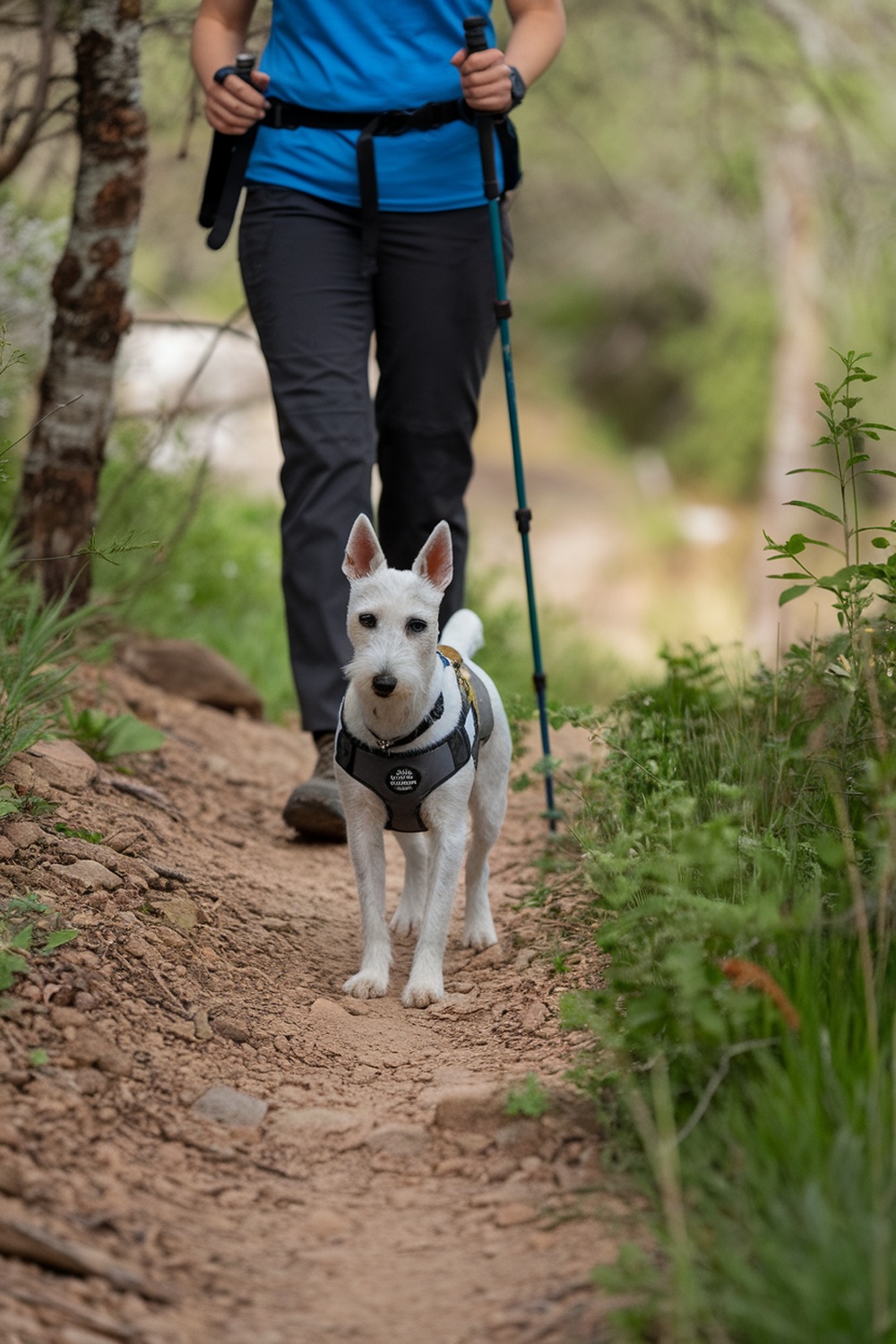A Wire Fox Terrier walking on a trail with a person.