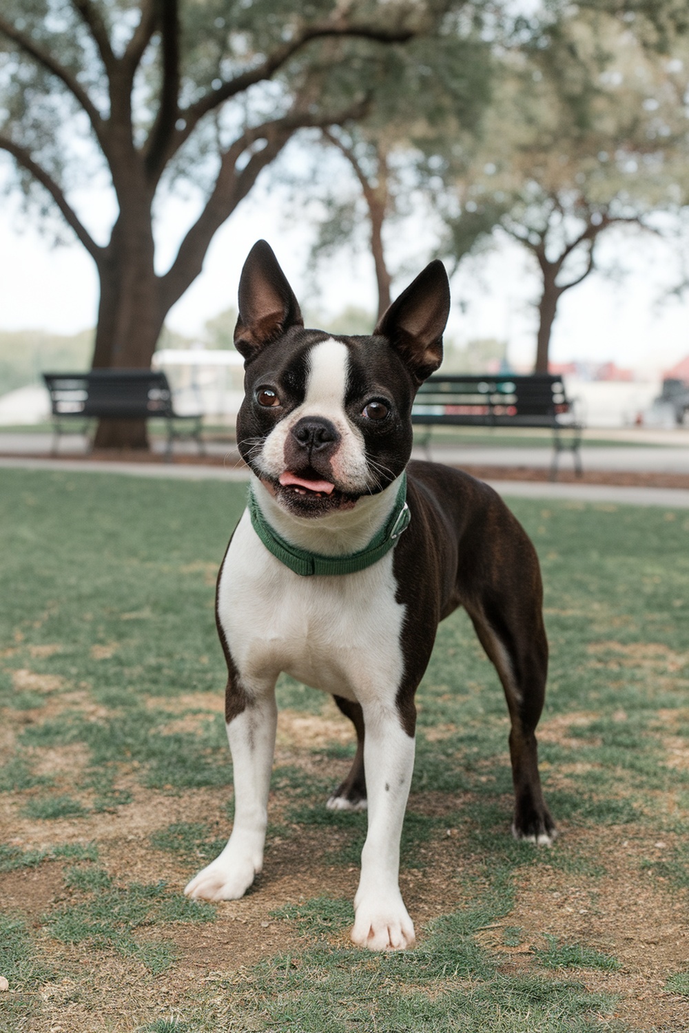 A playful Boston Terrier standing in a park, showcasing its friendly demeanor.
