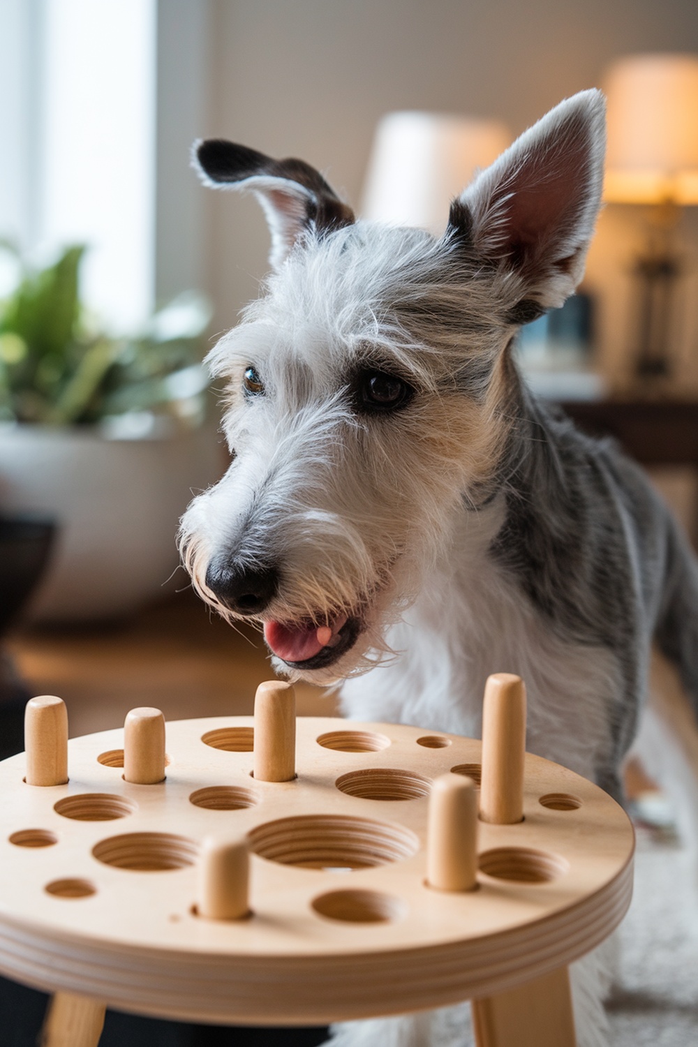 A Wire Fox Terrier engaging with a wooden puzzle toy.