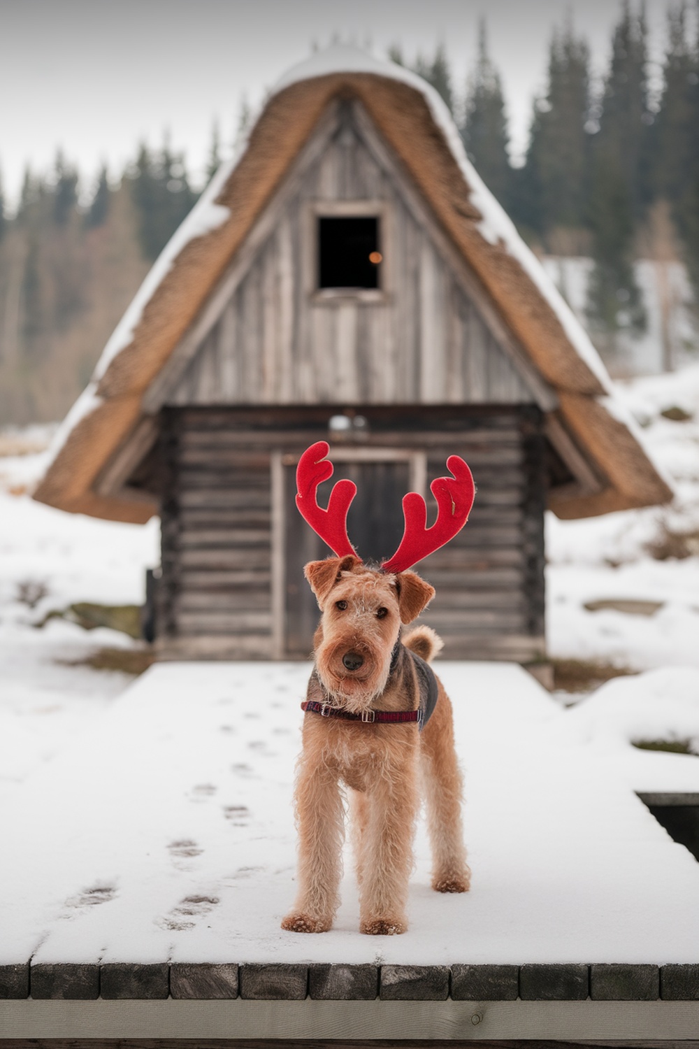 Airedale Terrier wearing red reindeer antlers in a snowy setting