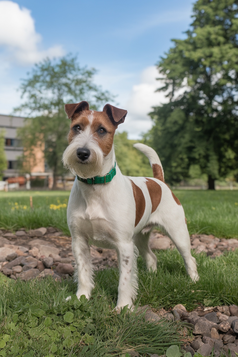 An Irish Terrier standing proudly in a grassy area.