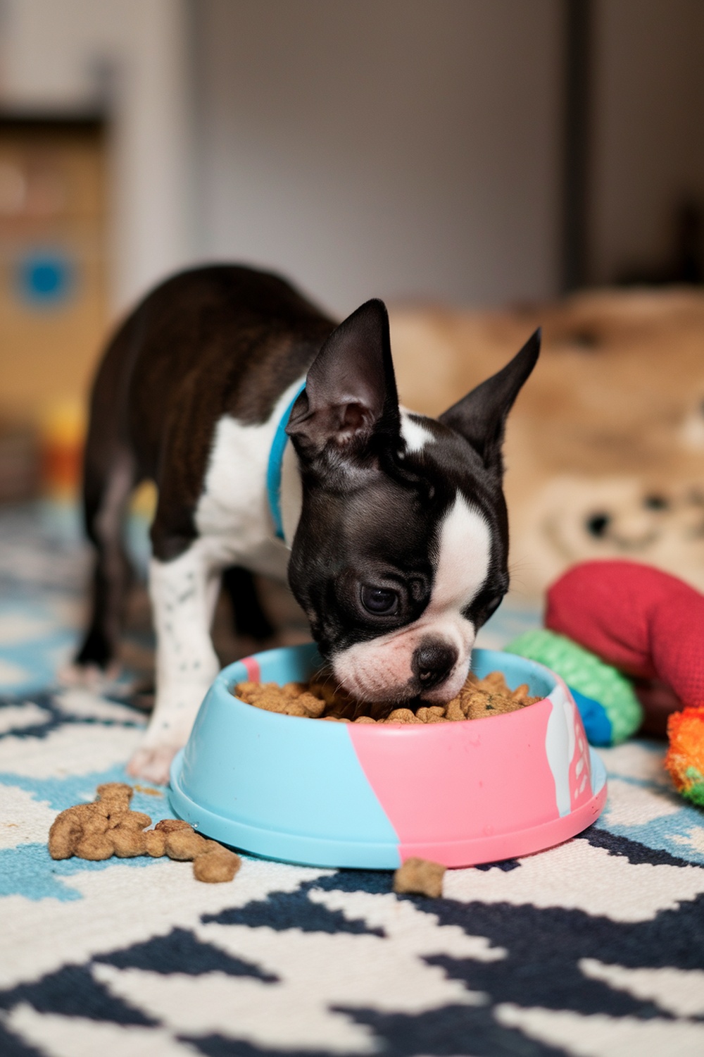 A Boston Terrier puppy eating from a colorful bowl on a patterned rug.