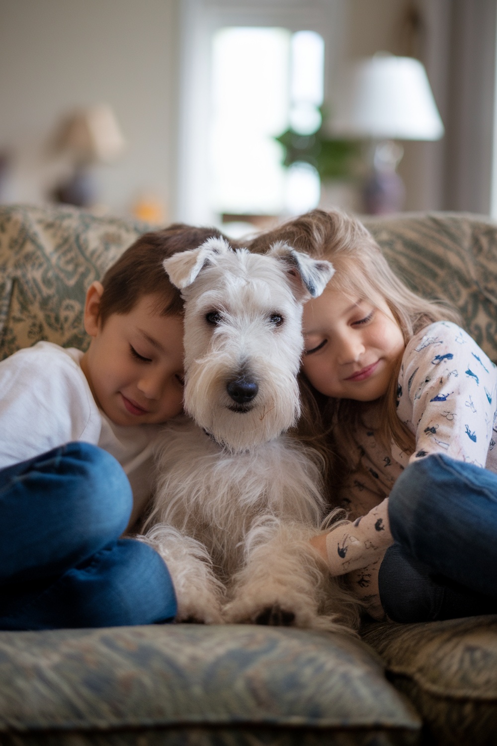 A Wire Fox Terrier sitting between two children on a couch, showcasing their affectionate nature.