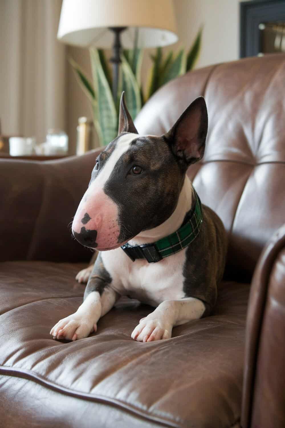 A Miniature Bull Terrier sitting on a brown leather couch, showcasing its unique expression.