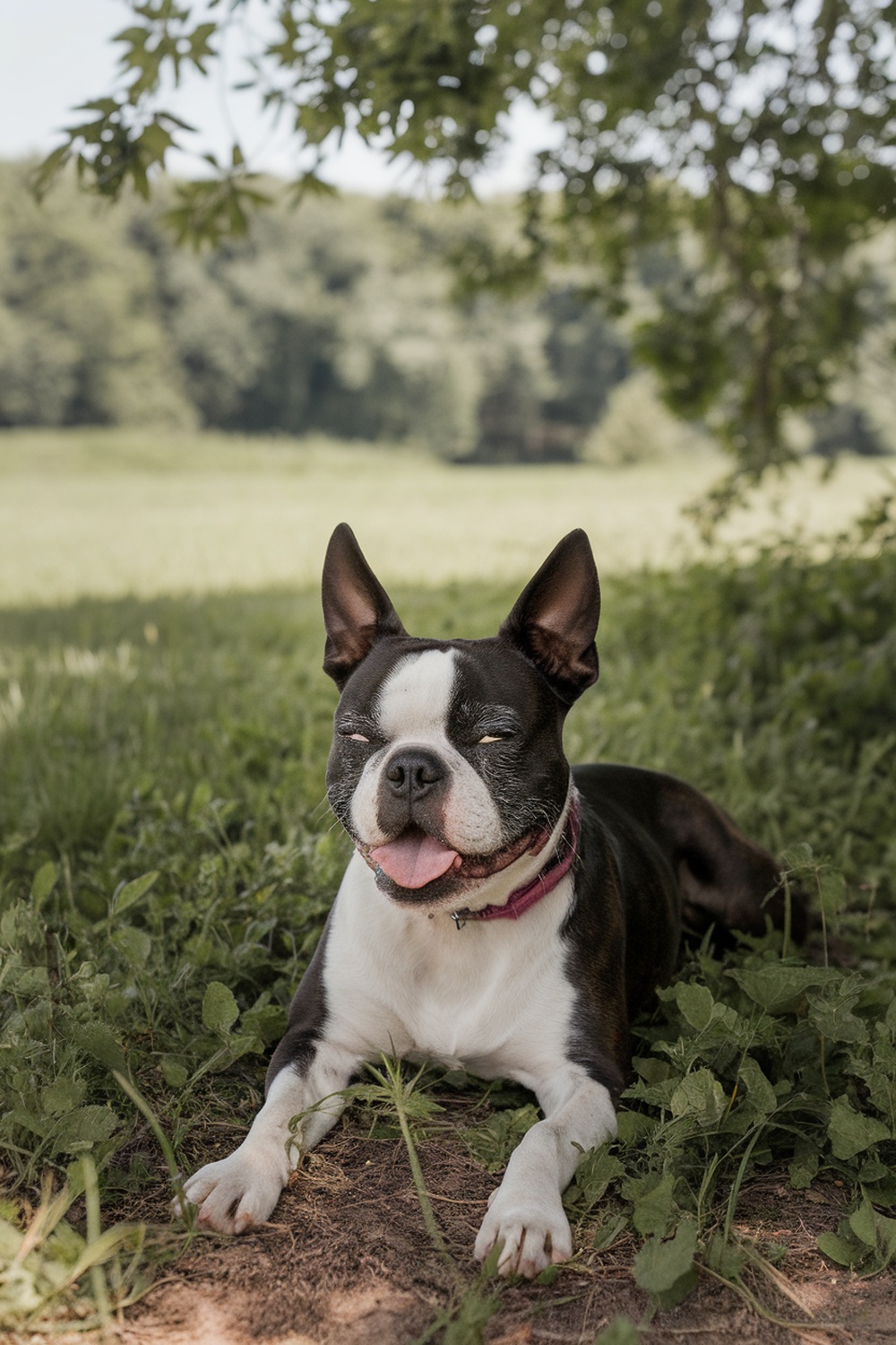 A Boston Terrier lying on the grass, enjoying a shaded area.