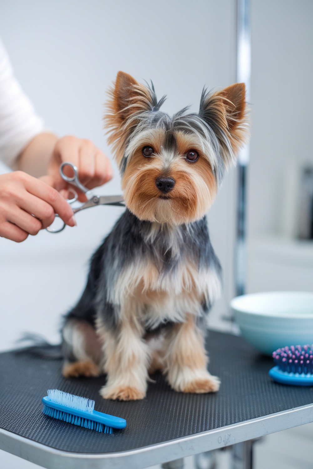 A Yorkie Poo being groomed with scissors and brushes on a grooming table.